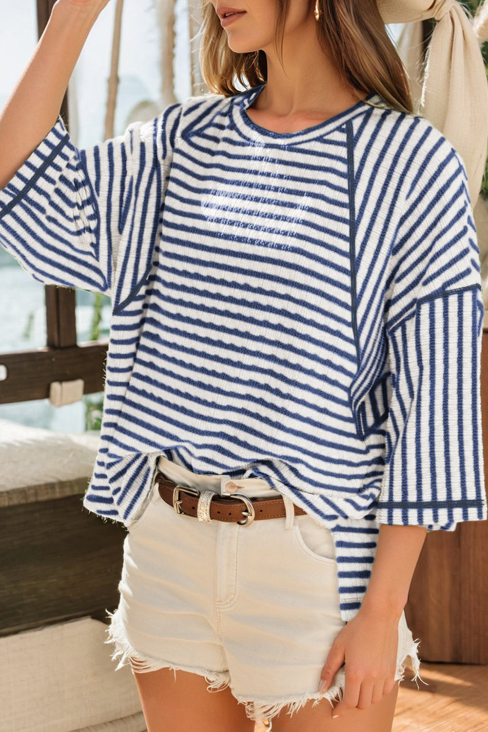 Sky Blue Stripe Textured Knit Split Hem Half Sleeve Loose Top Blue Stripe 85%Polyester+10%Viscose+5%Elastane d867ced8d9a52f4a