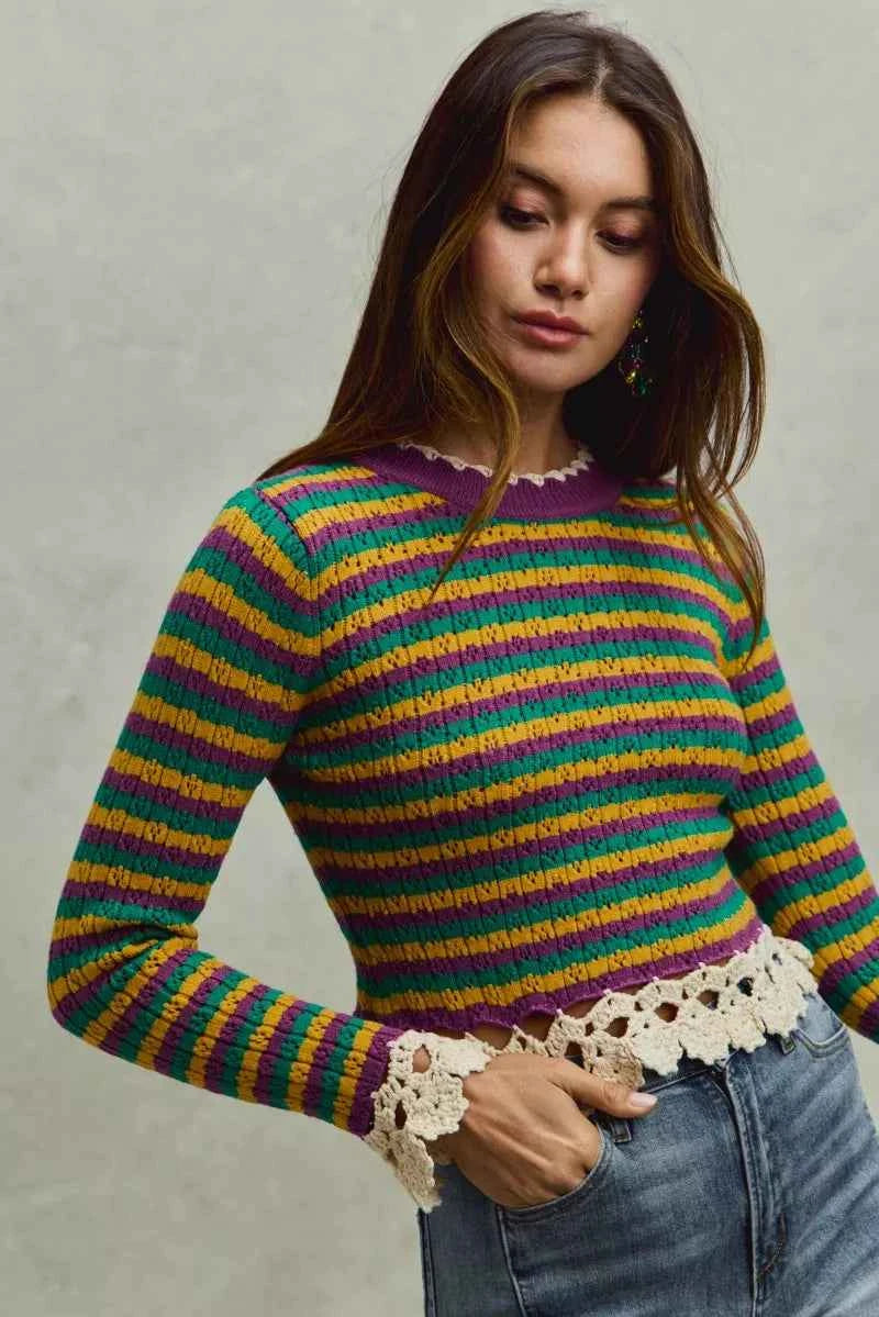 SO ME Mardi Gras Striped Cropped Knit Top with Crochet Edge d86a401d987e426bb698df23ce4431fe-Max-Origin