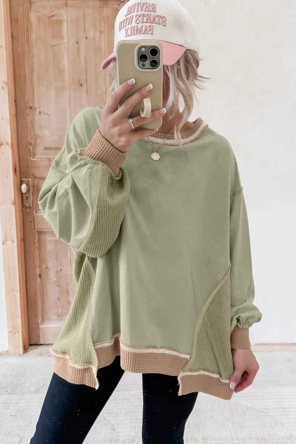 Smoke Green Colorblock Waffle Patchwork Oversize Sweatshirt d86b06ab6d7e3b3b