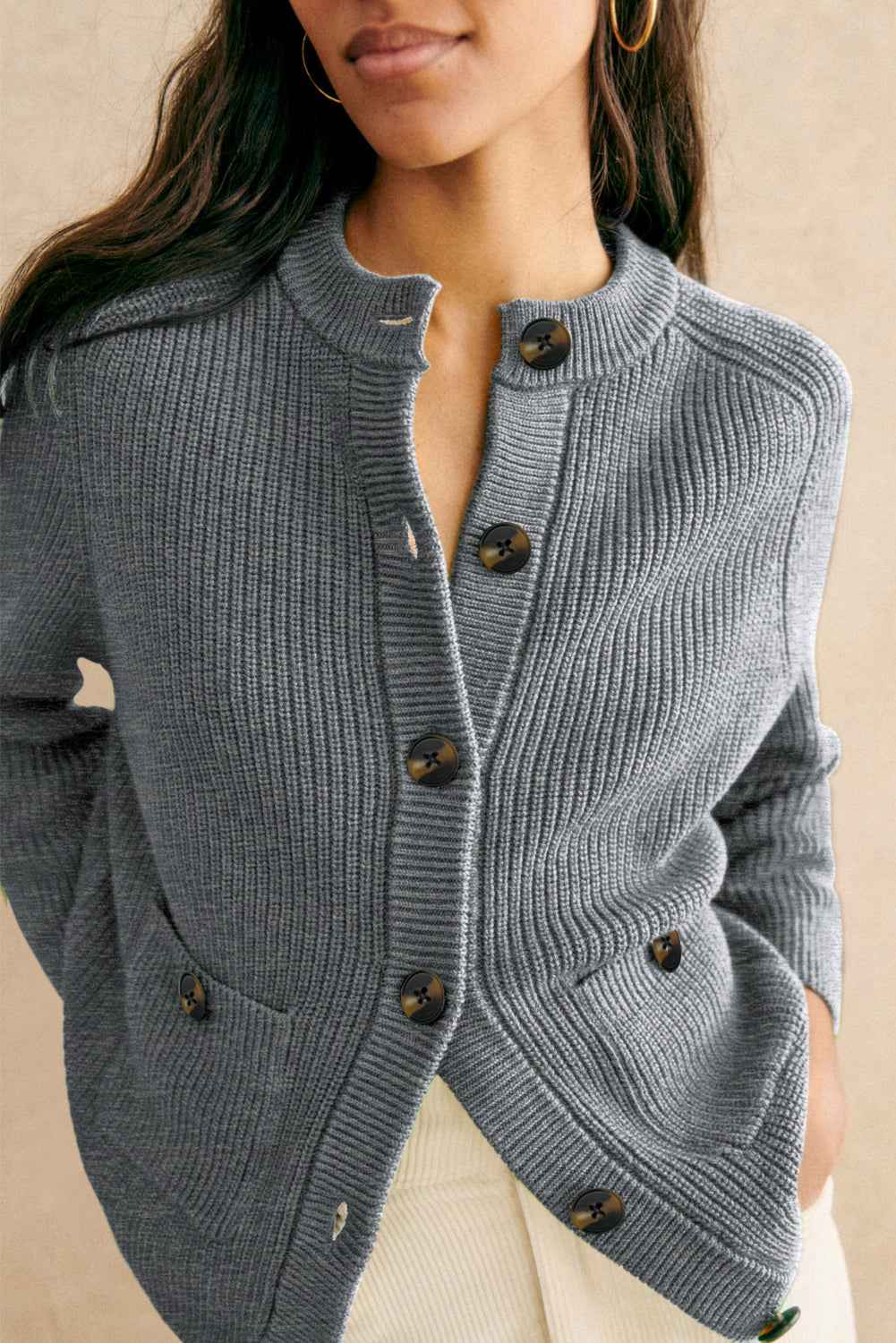 Medium Grey Chunky Buttoned Front Round Neck Cardigan Sweater Medium Grey 50%Viscose+28%Polyester+22%Polyamide d86ca739639a770d