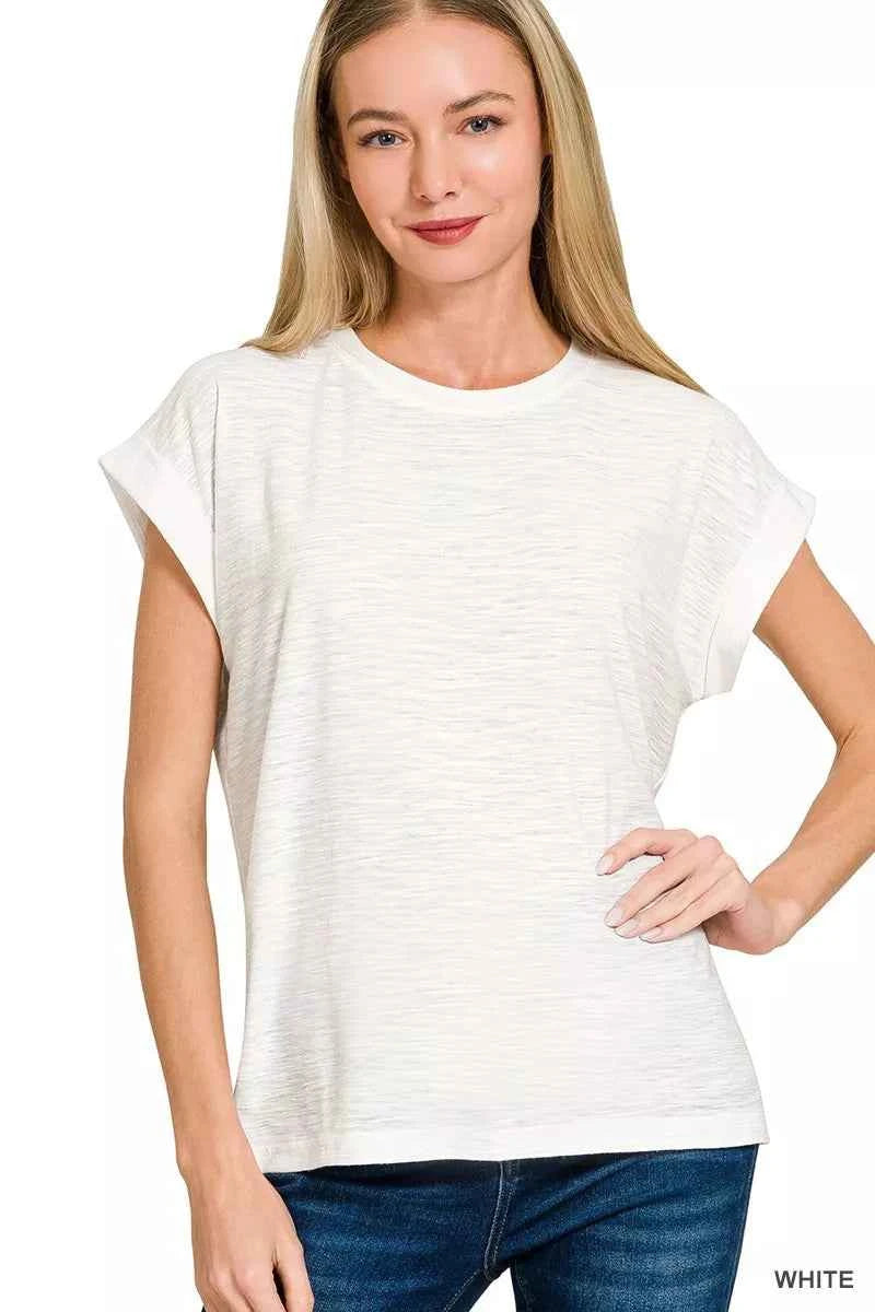 Zenana Slub Cuffed Sleeve Tee WHITE d86e7a935b734c619ba636c6ae2427a4-Max-Origin