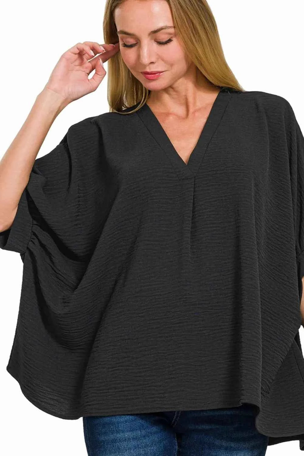 Zenana Woven Airflow V-neck Puff Half Sleeve Top BLACK d870b9a3-5fe8-4b0a-a9cb-e9171076cb29-Max-Origin