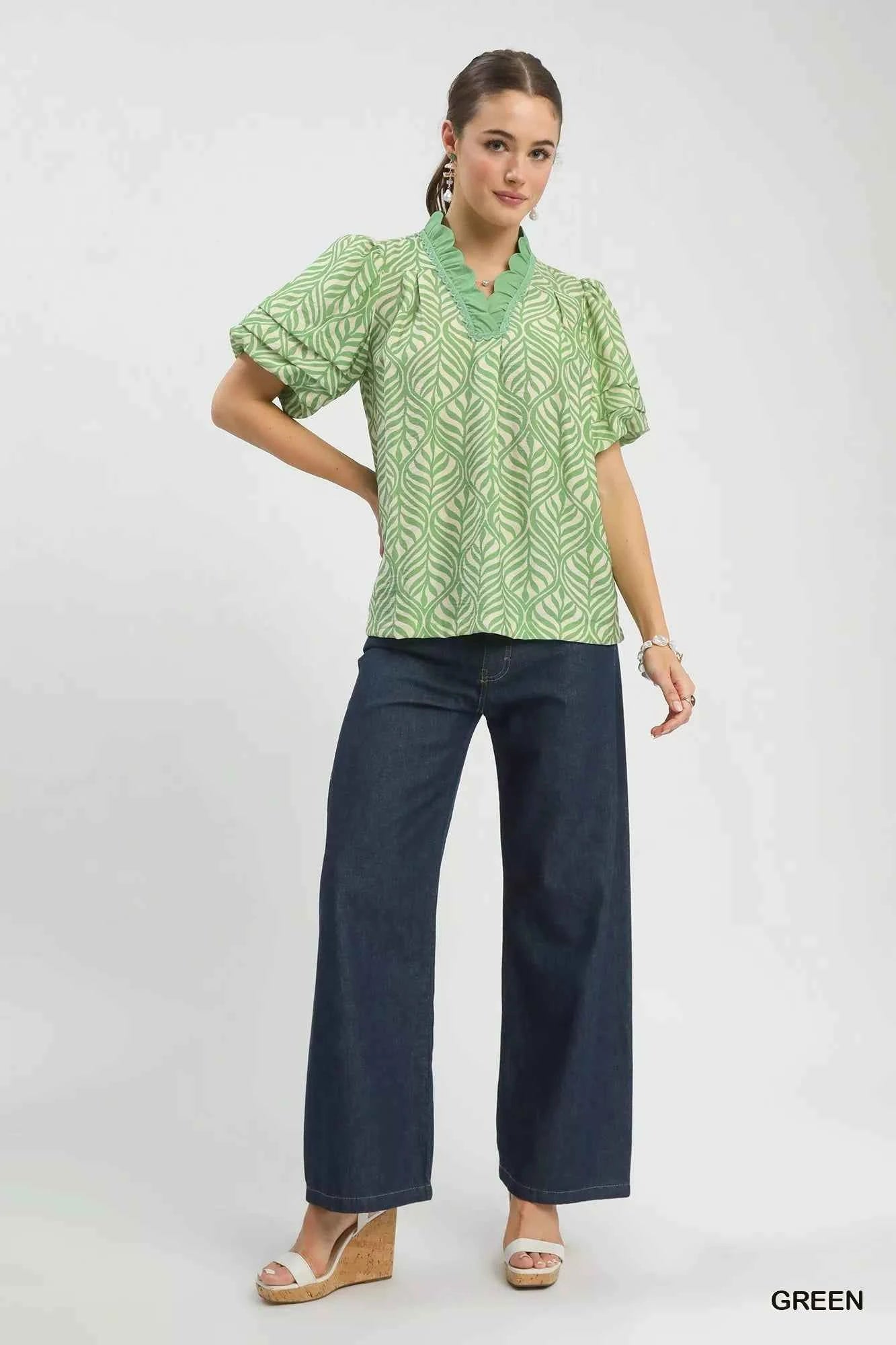 Umgee Printed Puff Sleeve Ruffle Neck Top d8748f1d-add8-4f02-8caa-d578ea307aa0-Max-Origin