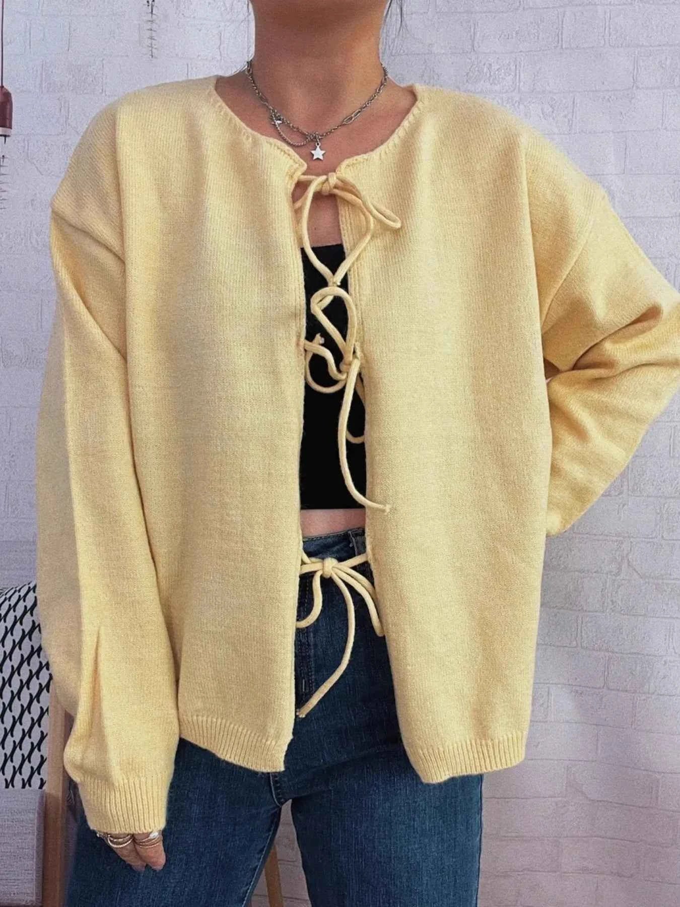 Tie Front Drop Shoulder Cardigan Yellow One Size d880fe405a404d239bae7d29f395e490-Max-Origin