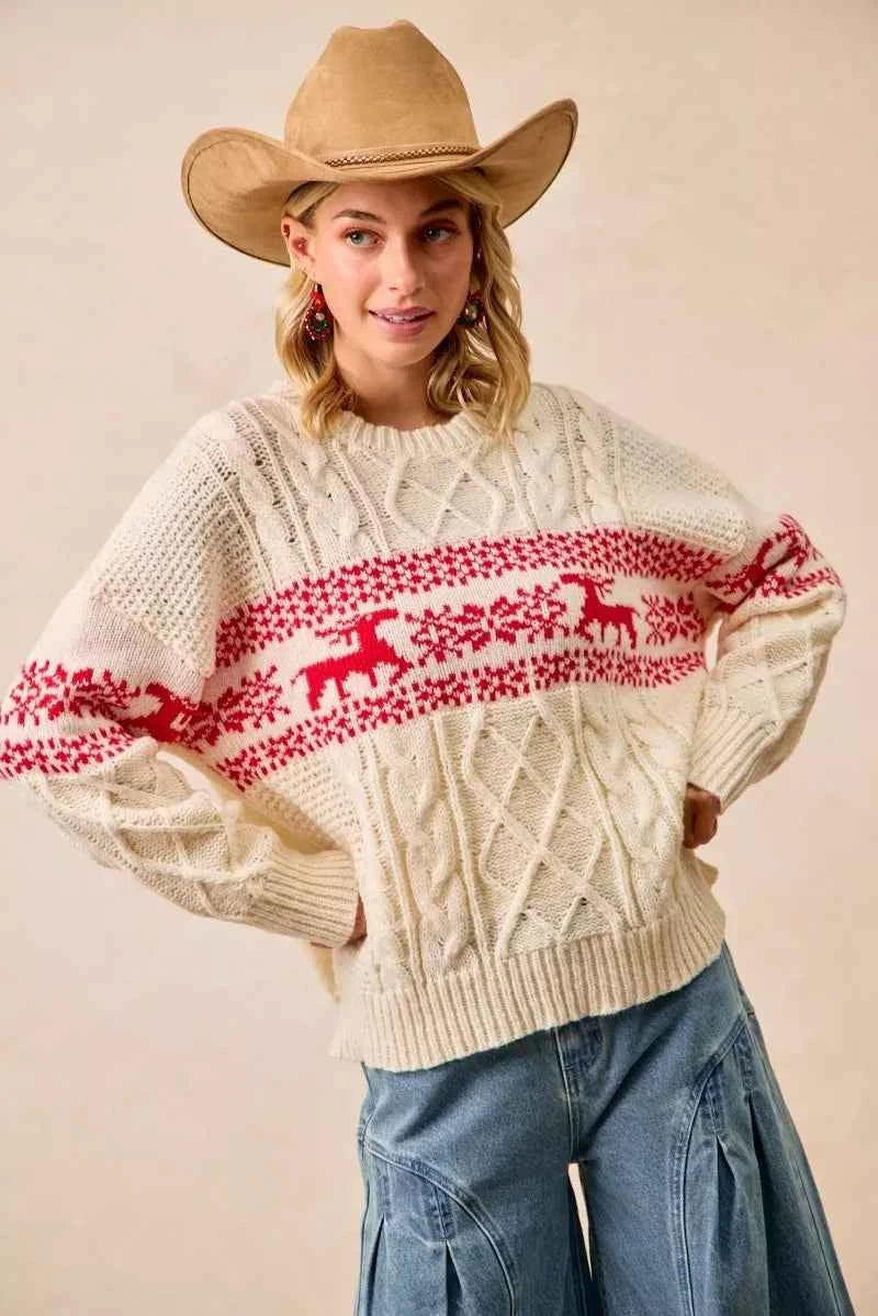BiBi Christmas Theme Patterned Cable Knit Sweater d882f6de53f94b2b9da57ab00699c515-Max-Origin