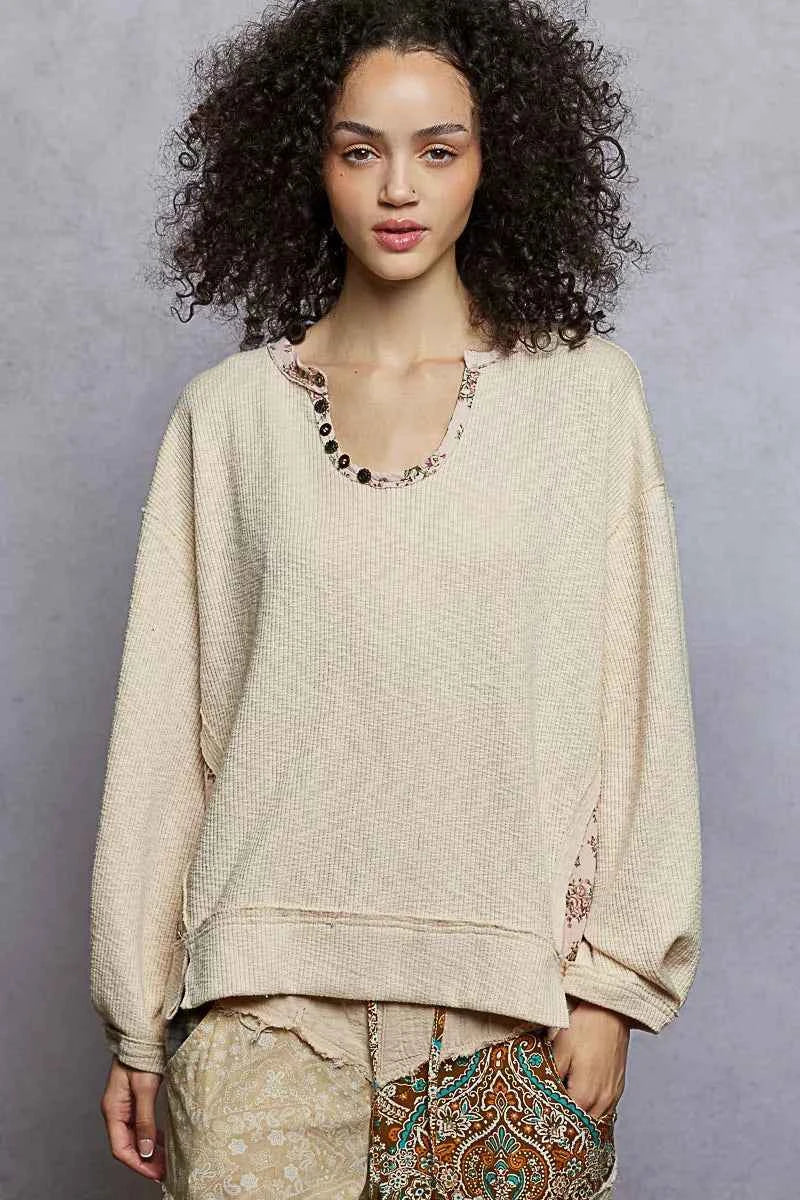 POL Balloon Sleeve Oversized Ribbed Top with Floral Pattern Contrast POWDER ALMOND d888e083-7427-4b4f-9aa4-f2c405c93bc2-Max-Origin
