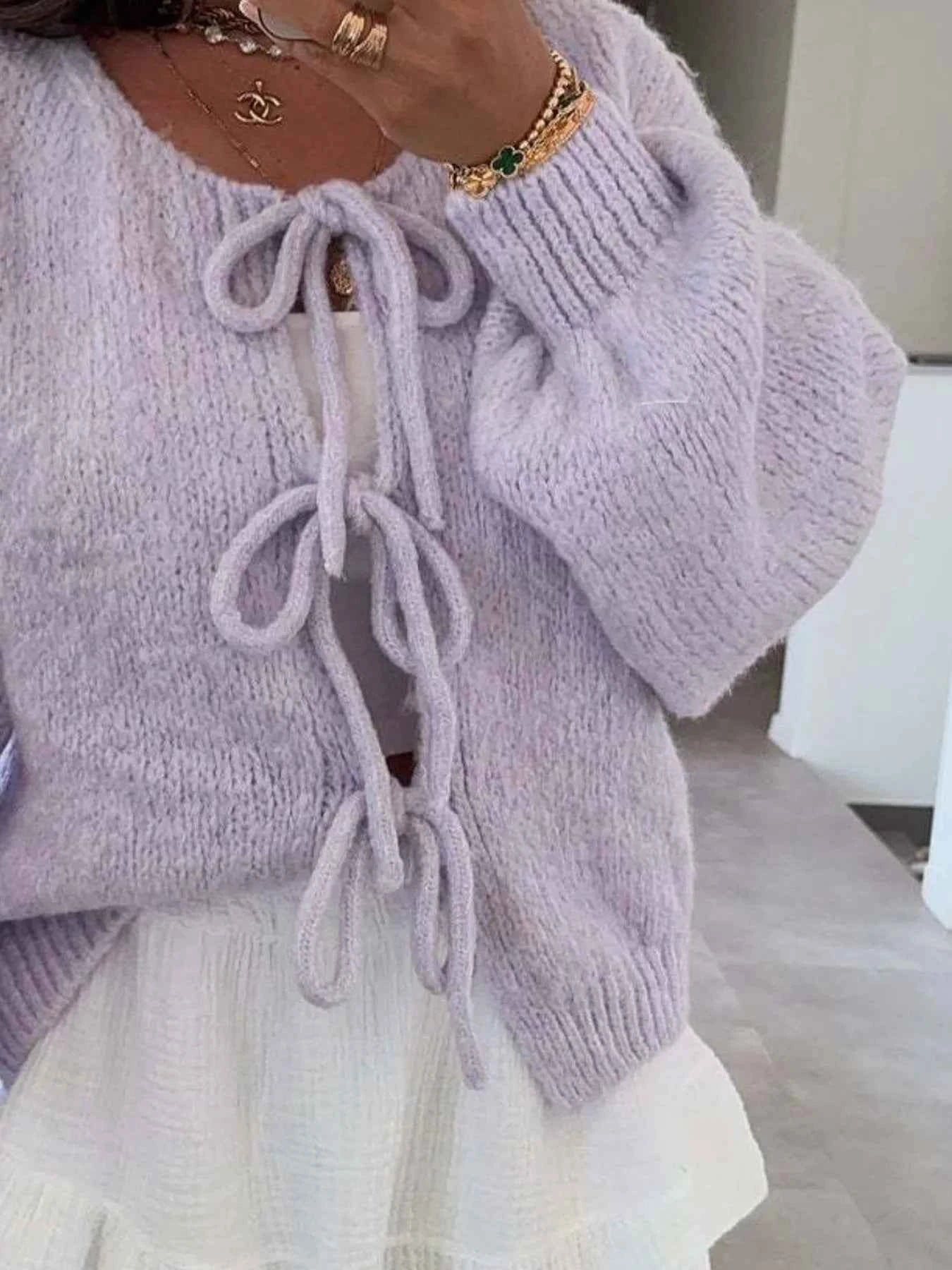 Cozy Bow-Tie Front Knit Cardigan