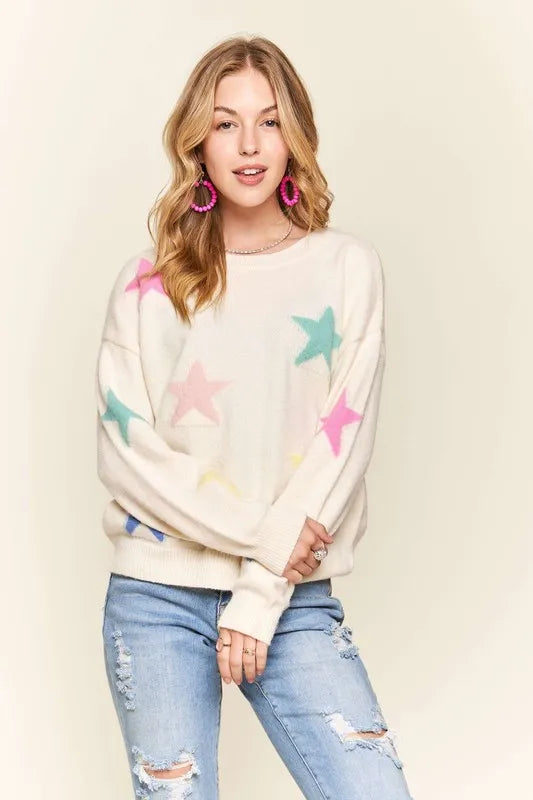 ADORA Stars Pattern Round Neck Drop Shoulder Sweater d88b538f-dd6c-46cf-9756-cf083f7be2cd-Max