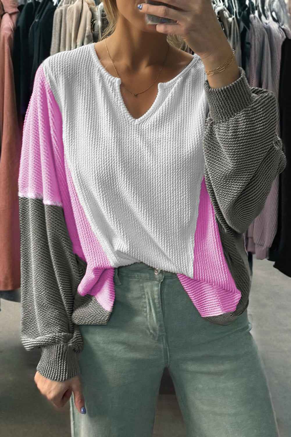 White Spiral Ribbed Raw Seam Color Block Patchwork Long Sleeve Top White 75%Polyester+20%Viscose+5%Elastane d890856e53827336