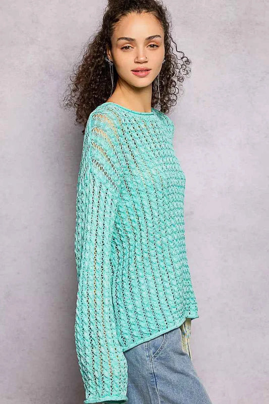 Openwork Round Neck Knit Top with Shiny Detail d895867c-1259-400f-8401-740d12276b3e-Max-Origin