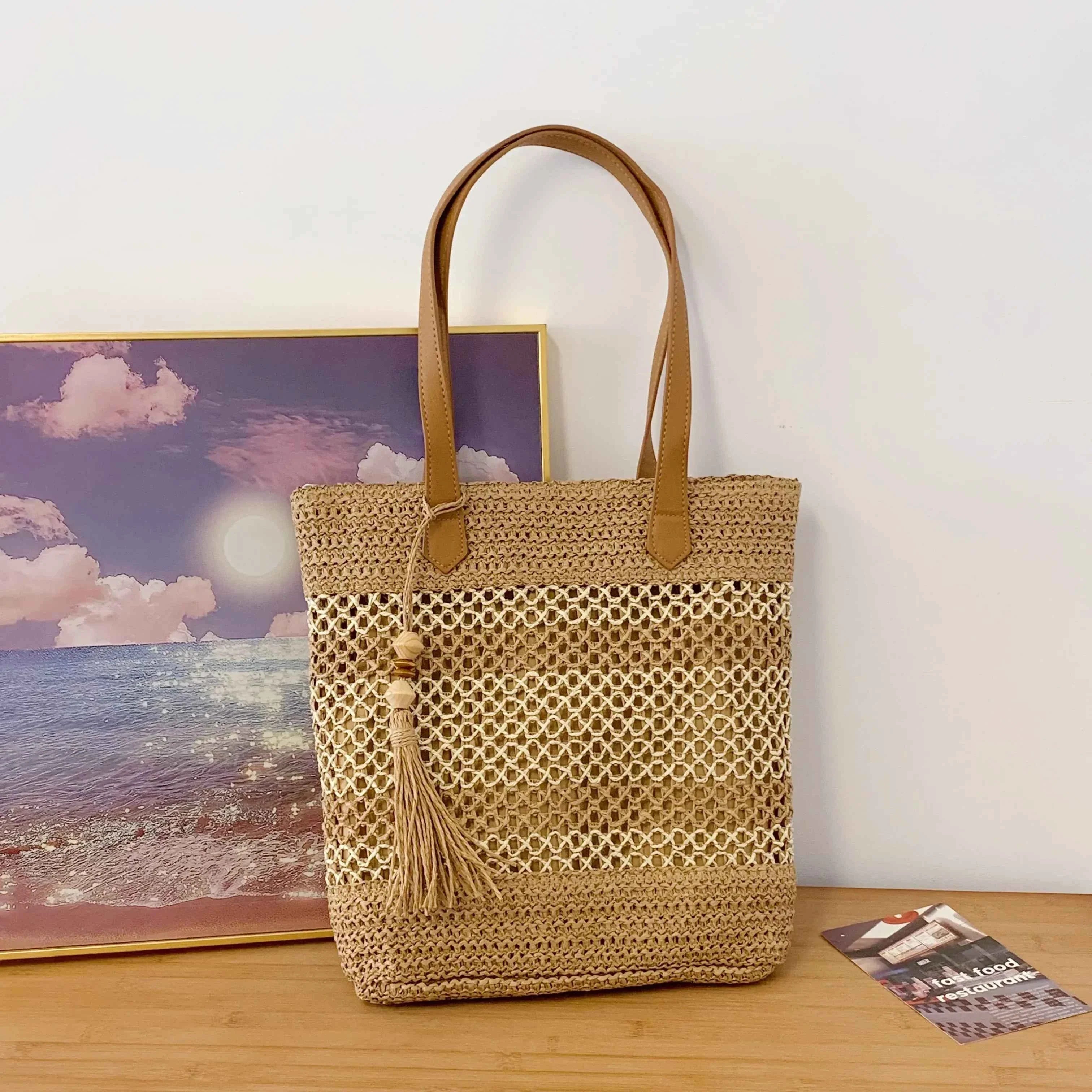 Straw Woven Shoulder Bag with Tassels Khaki onesize d896ff64a811435c909c8c61473e223c-Max-Origin