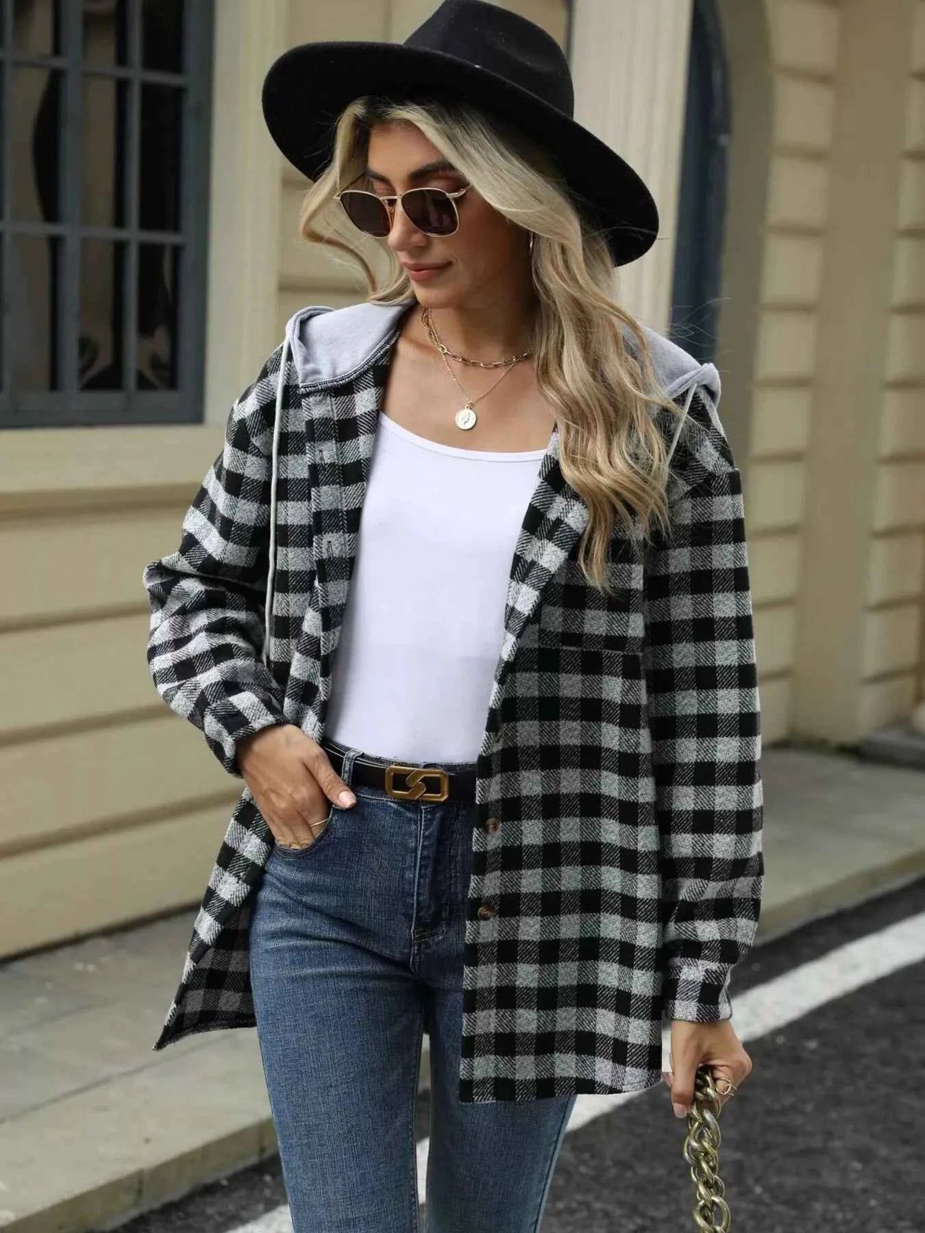 Plaid Button Up Long Sleeve Drawstring Hooded Jacket d8986083bdf2431bbbb19261a36d6c55-Max-Origin
