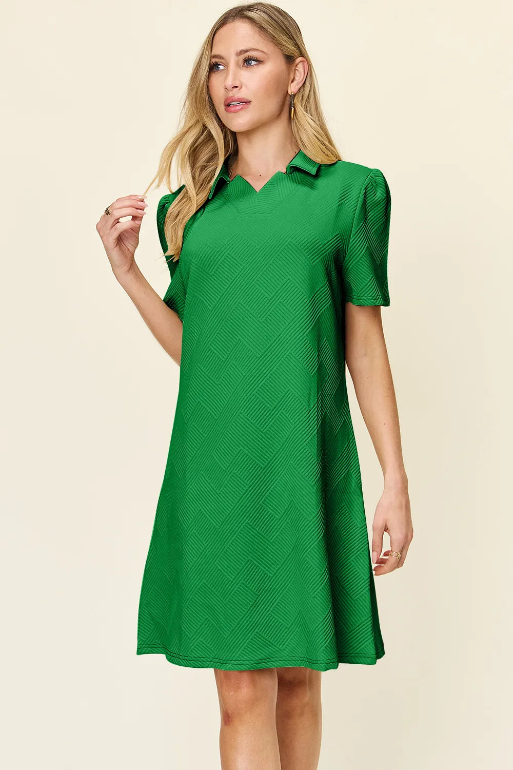 Double Take Full Size Texture Collared Neck Short Sleeve Dress Mid Green d8987454-b2e5-4ea0-84bb-6050aaf35a99-Max
