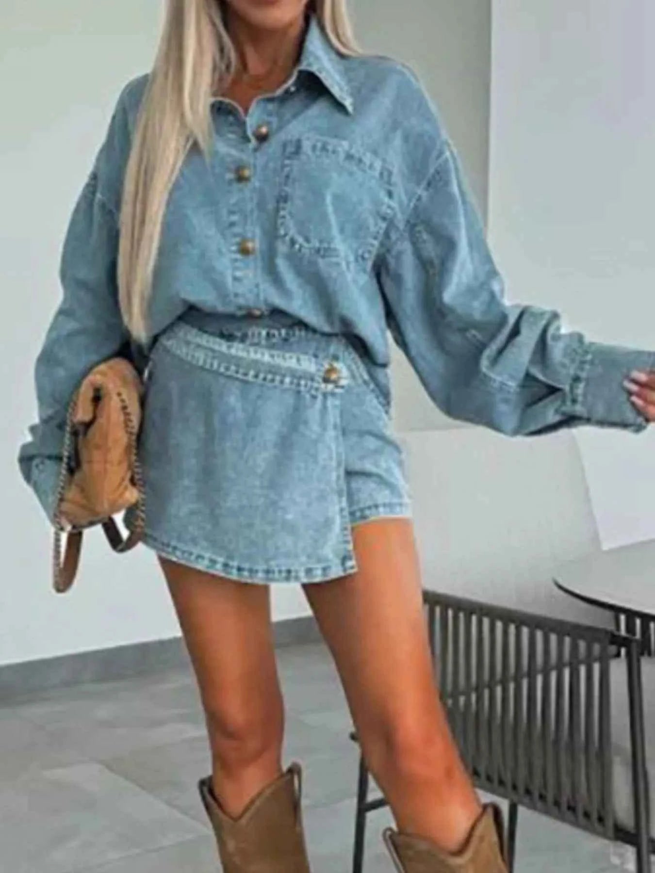Button-Front Shirt and Mini Skirt Oversized Denim Set d89ceb75-d51c-49fc-8bd1-b64a7dd739c0-Max-Origin