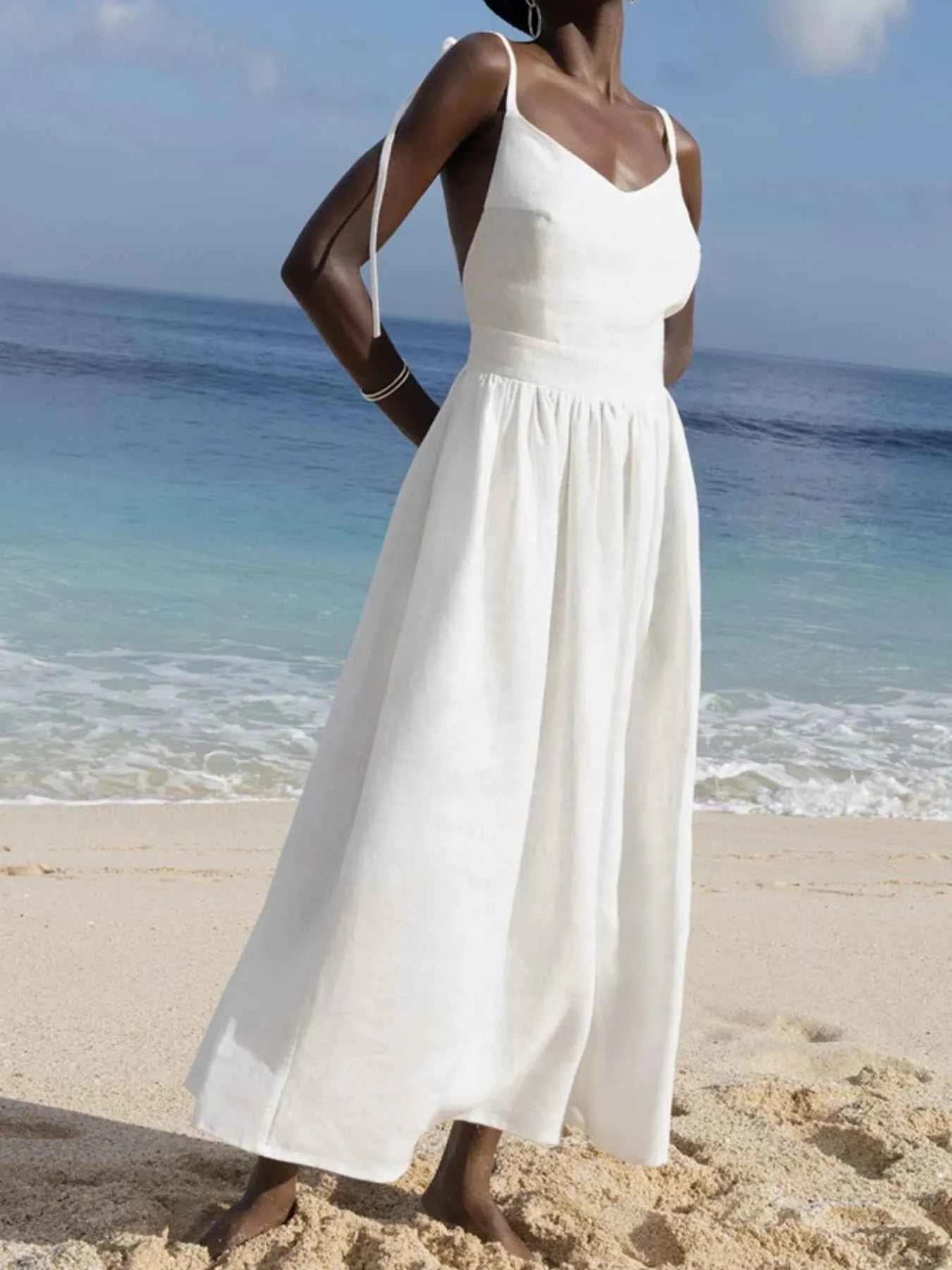 V-Neck Tie Shoulder Maxi Dress White d89cf0ab-f6ba-475c-b2e1-505743922b11-Max-Origin