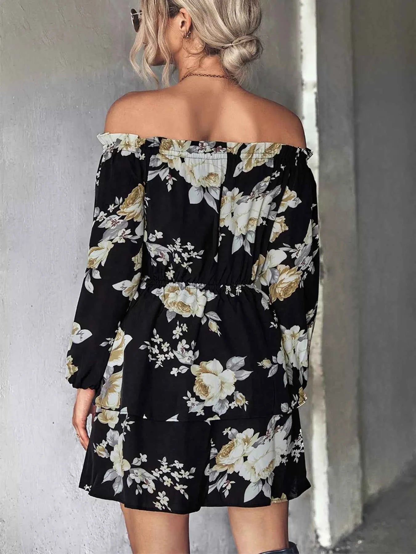 Off-Shoulder Floral Print Long Sleeve Mini Dress d8a48e9a-caab-4d09-bf0d-e3f00a1bd5f2-Max-Origin