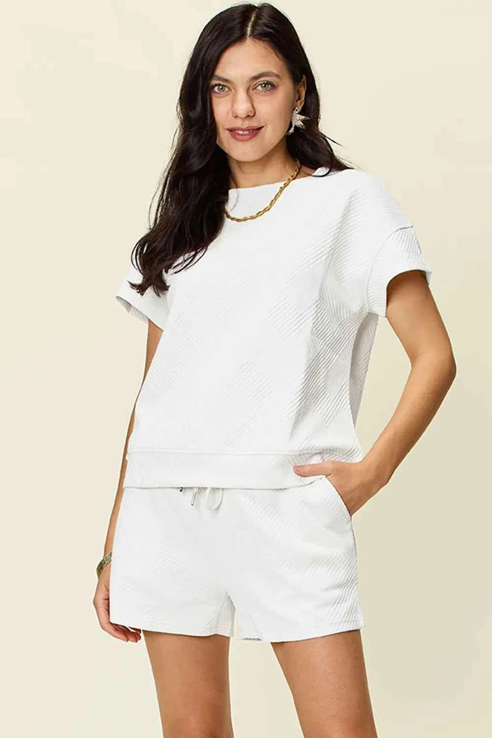 Double Take Full Size Texture Short Sleeve T-Shirt and Drawstring Shorts Set White d8a61afc-2975-4d9e-bc3d-f176351ffe21-Max