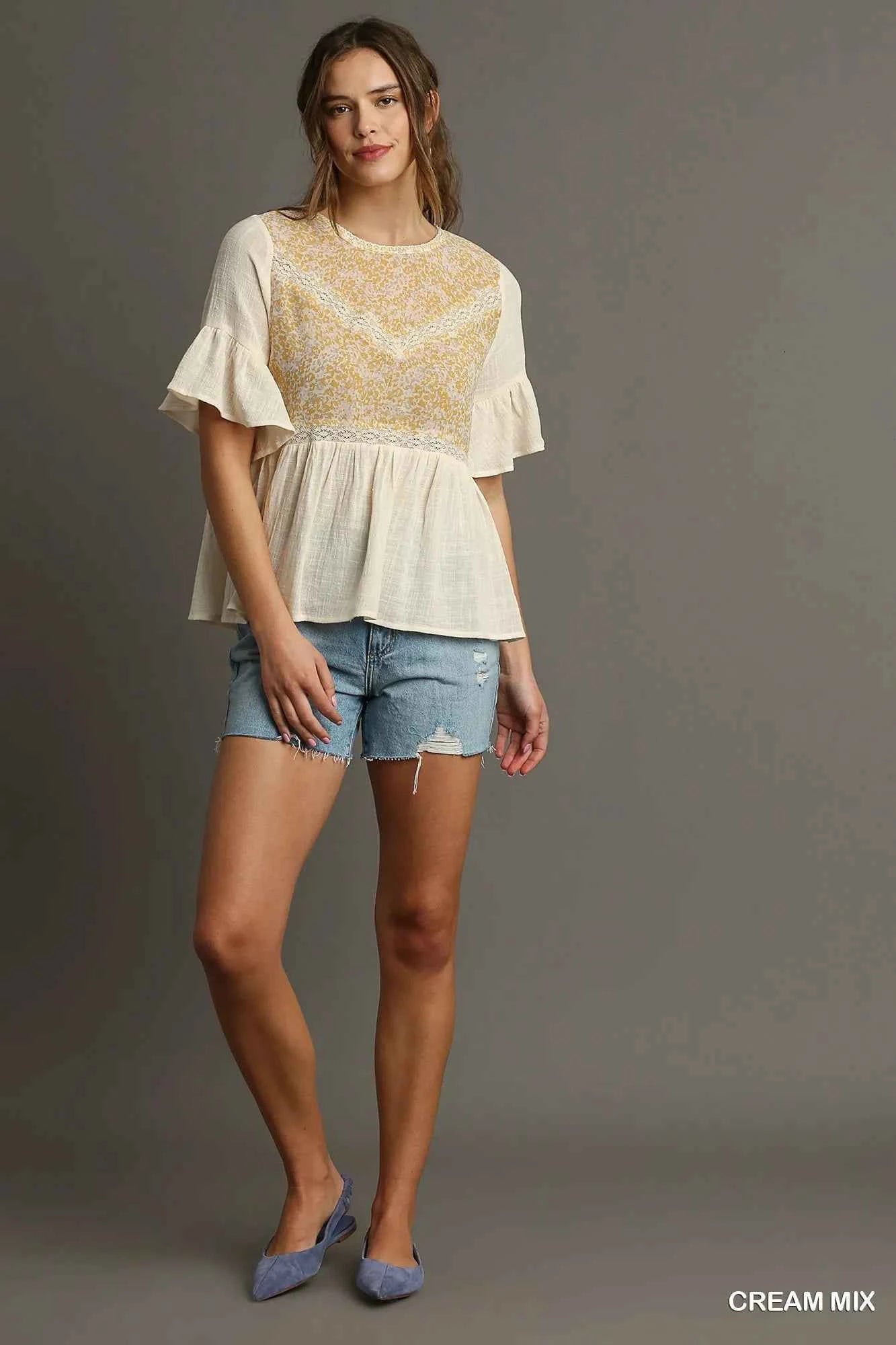 Umgee Floral Lace Trimmed Detail Half Sleeve Babydoll Top d8a844f2-f3d3-4736-a397-a02af8e6a35c-Max-Origin