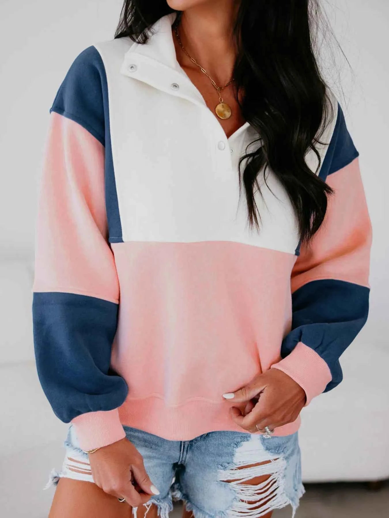 Colorblock Patchwork Half Button Baggy Sweatshirt Dusty Pink d8af9acb8a9e4079a94cfc8e182fe4f3-Max-Origin