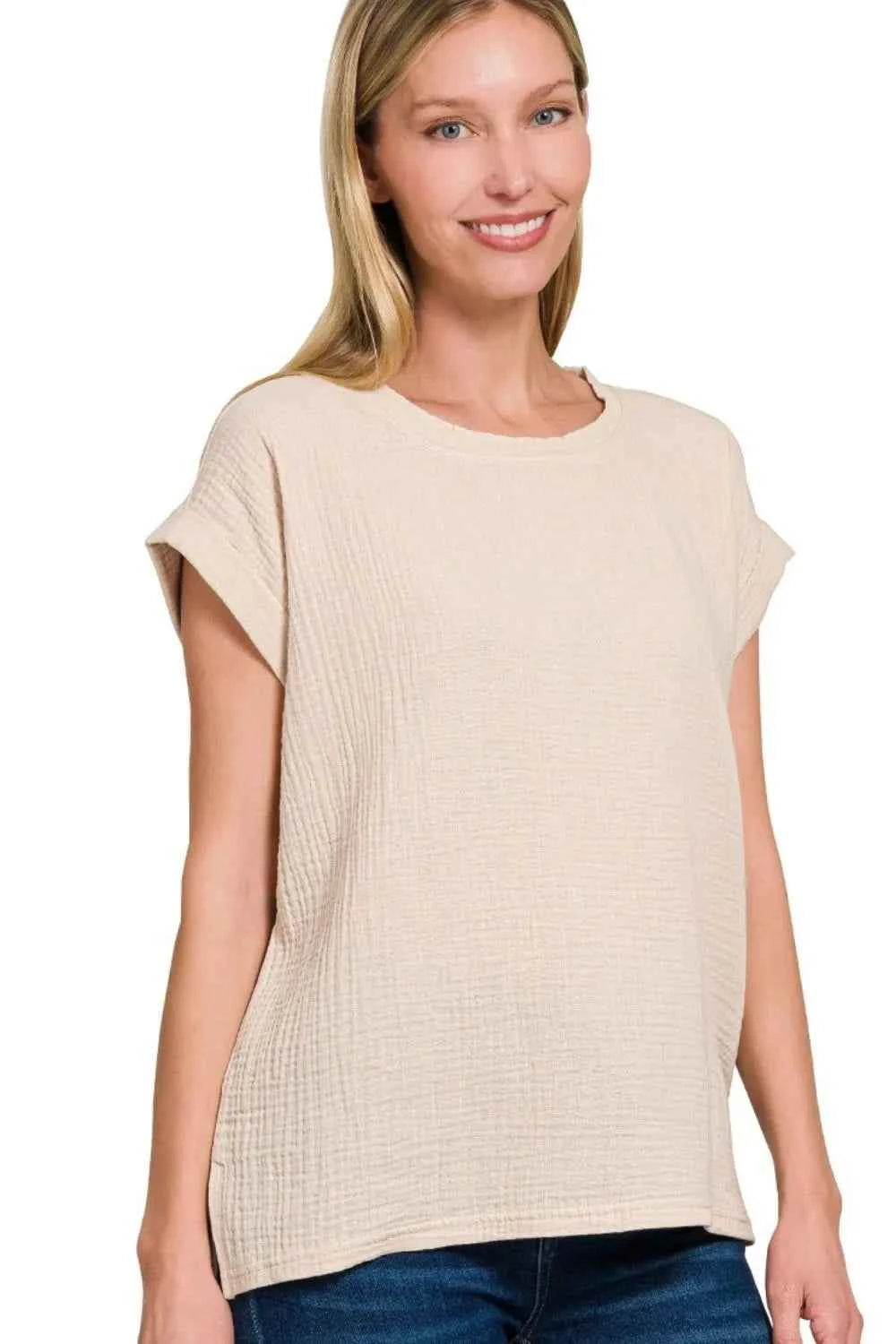Zenana Double Gauze Round Neck Folded Short Sleeve Top SAND BEIGE d8b233f3-1cc2-49f3-8203-6c15e0c4056a-Max-Origin