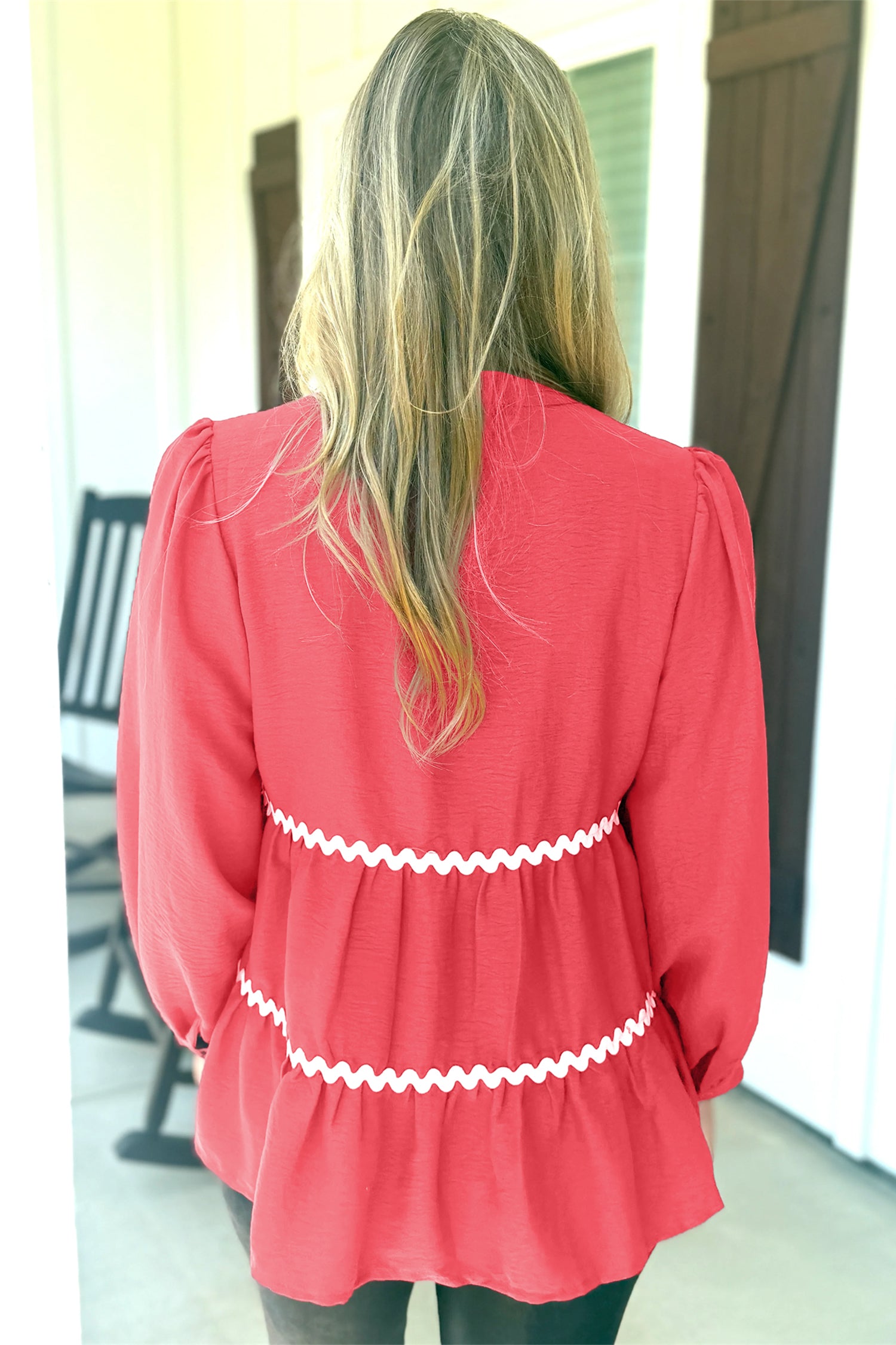 Coral Contrast Ricrac Trim V Neck Button Down Long Sleeve Shirt d8b6d506b430992d
