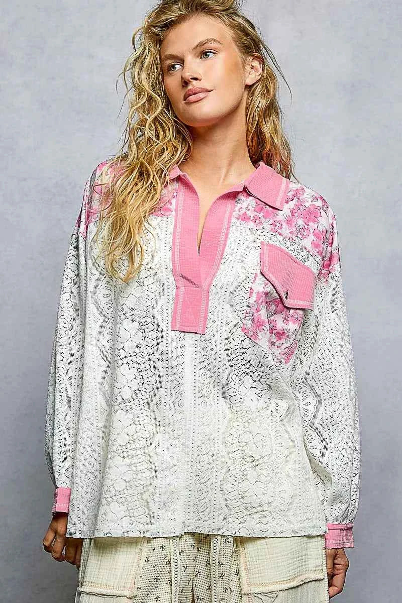 POL Floral Print Long Sleeve Lace Shirt with Front Pocket d8ba9c2a-c7c0-4a0e-9659-99c4ce91fa17-Max-Origin