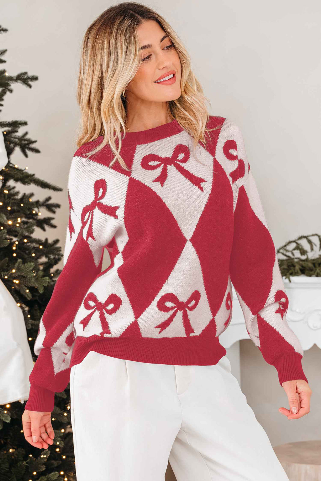 Red Bow Print 2-tone Rhombus Knit Loose Sweater Red 52%Viscose+26%Polyester+22%Polyamide d8bee6da571fe2eb
