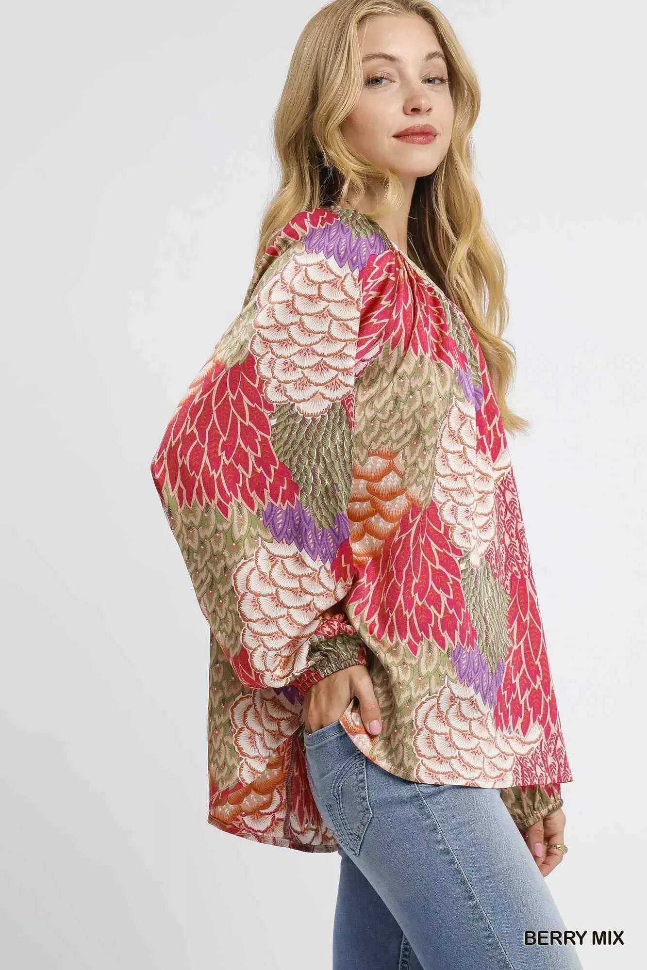 Umgee Boho Feather Print Peasant Blouse d8bf0942-8f45-47d9-914b-6f840fb8008d-Max-Origin