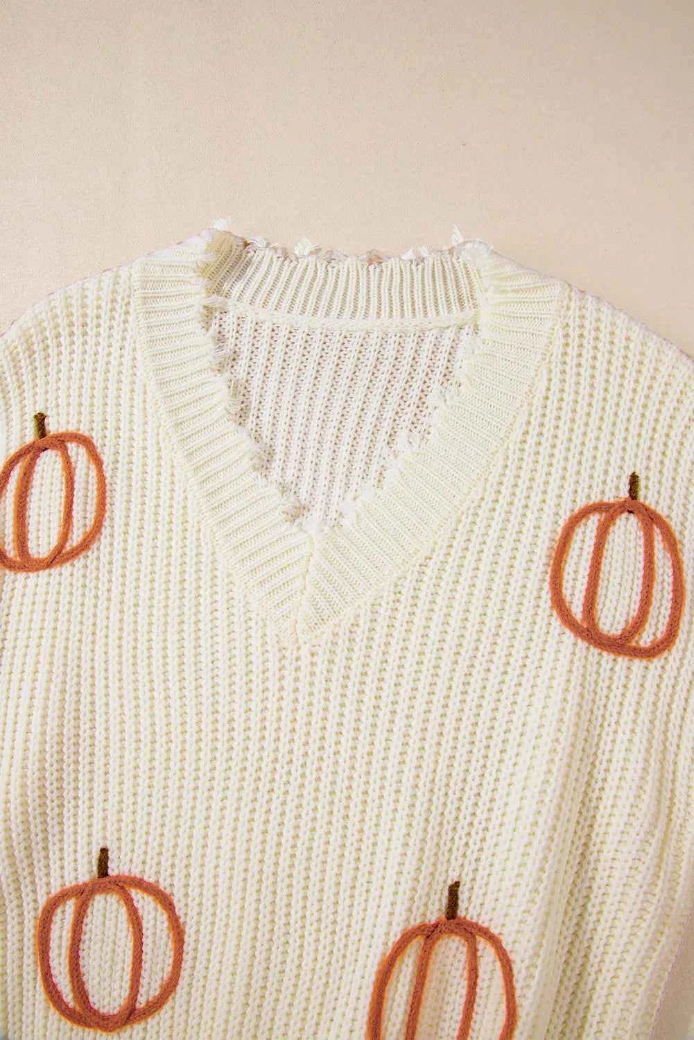 Raw Hem Pumpkin V-Neck Long Sleeve Sweater d8bf398f-edff-4c4f-bc72-0789e3a5b96b-Max