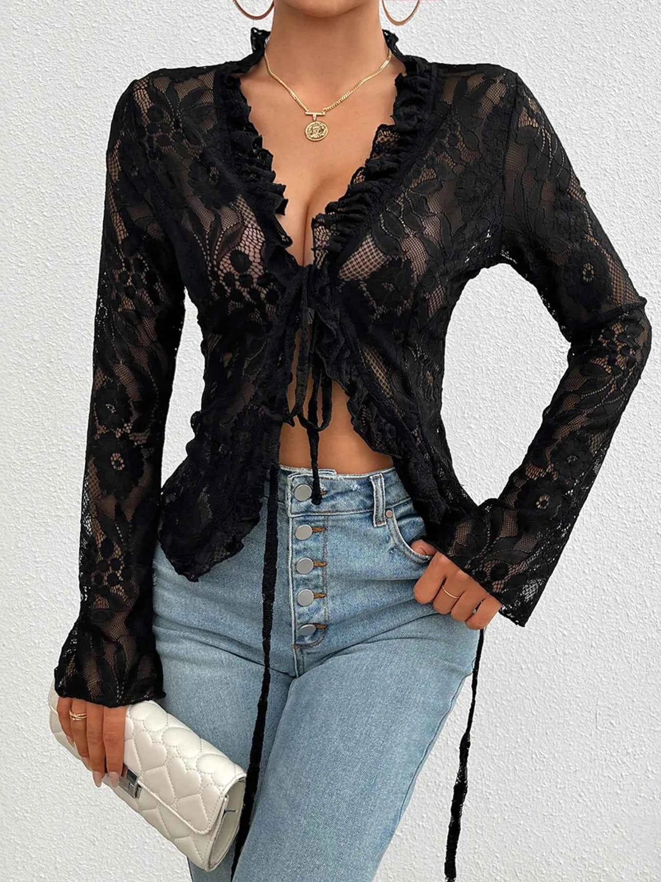 Tie Front Long Sleeve Lace Top Black d8c6e6e2170b432297d572652c5fe276-Max-Origin