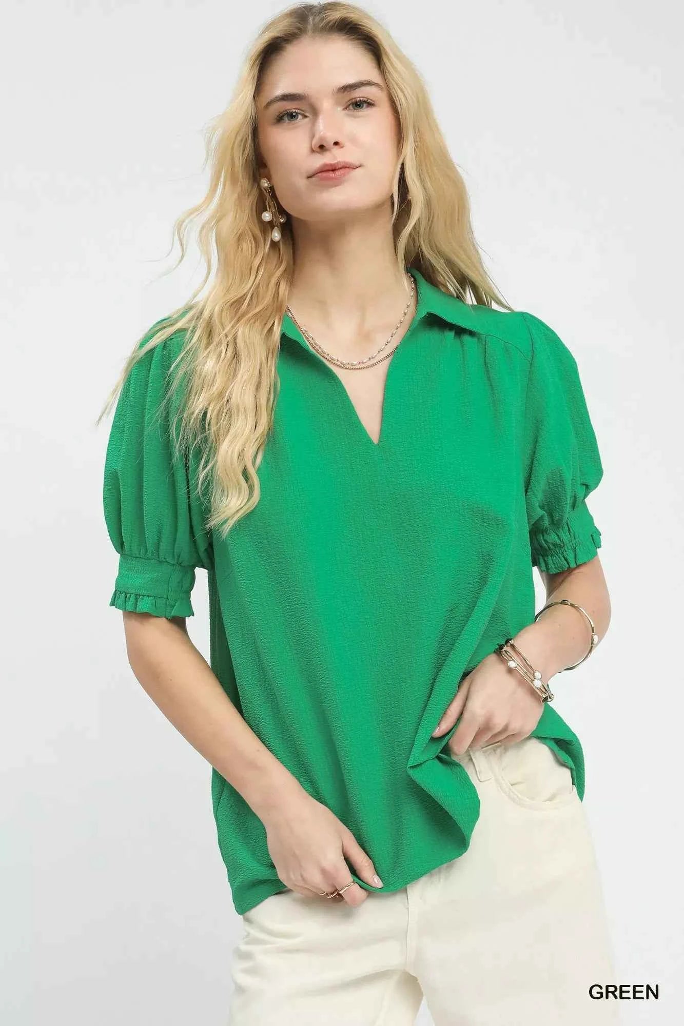 Umgee Seersucker Puff Sleeve Blouse GREEN d8d0c6b1-e332-46e9-9b7c-fbe50c2b5c4c-Max-Origin