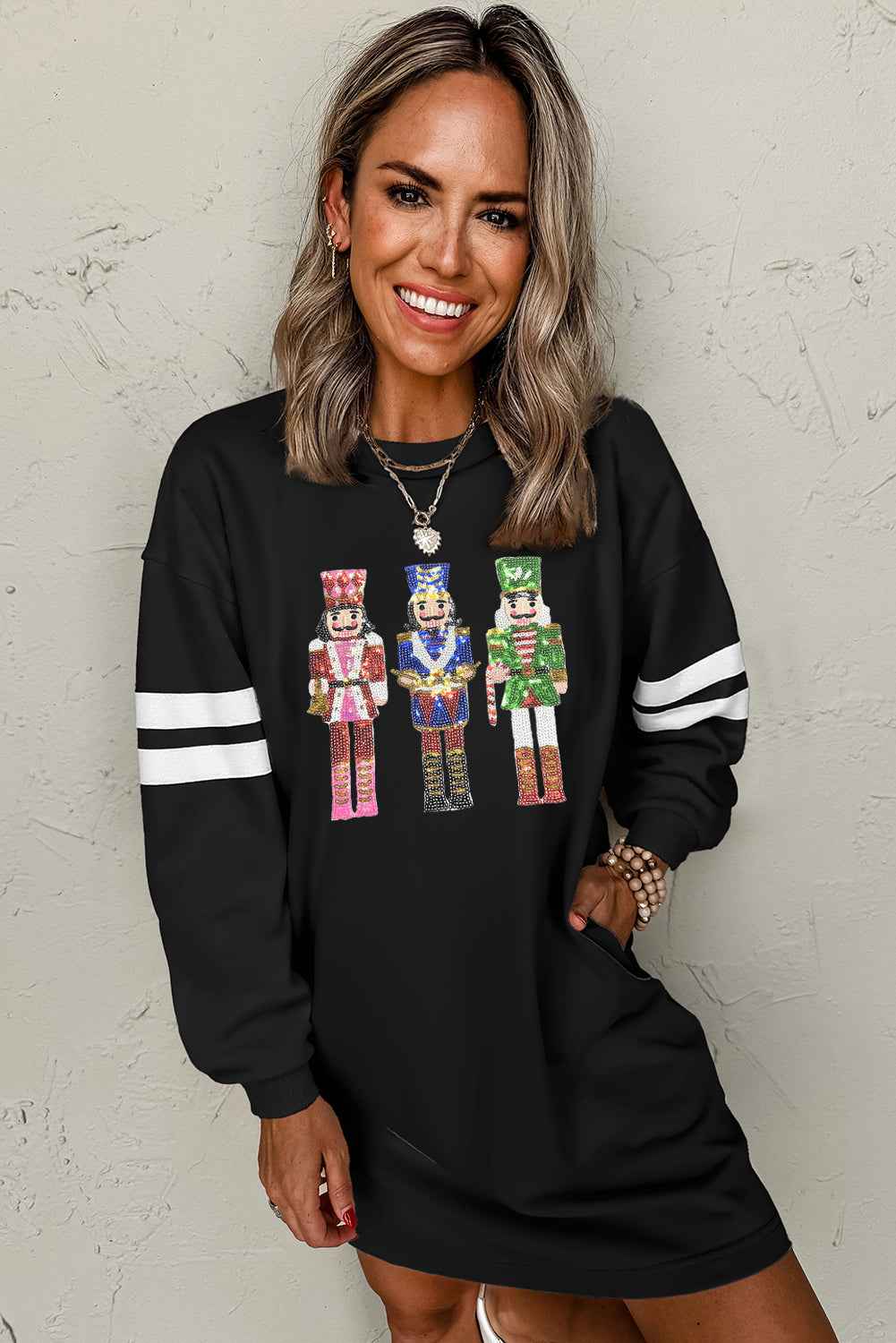 Black Christmas Nutcracker Sequins Patch Varsity Striped Sleeve Sweatshirt Dress d8d1142a39228e45