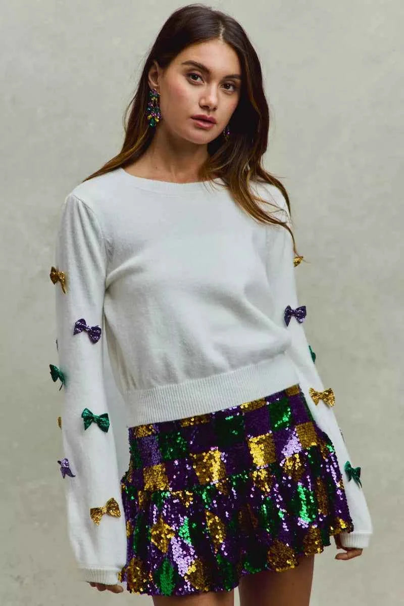 SO ME Mardi Gras Glitter Bow Ribbon Sweater Knit Top d8deecdf68004c51905b19eaffc0a108-Max-Origin