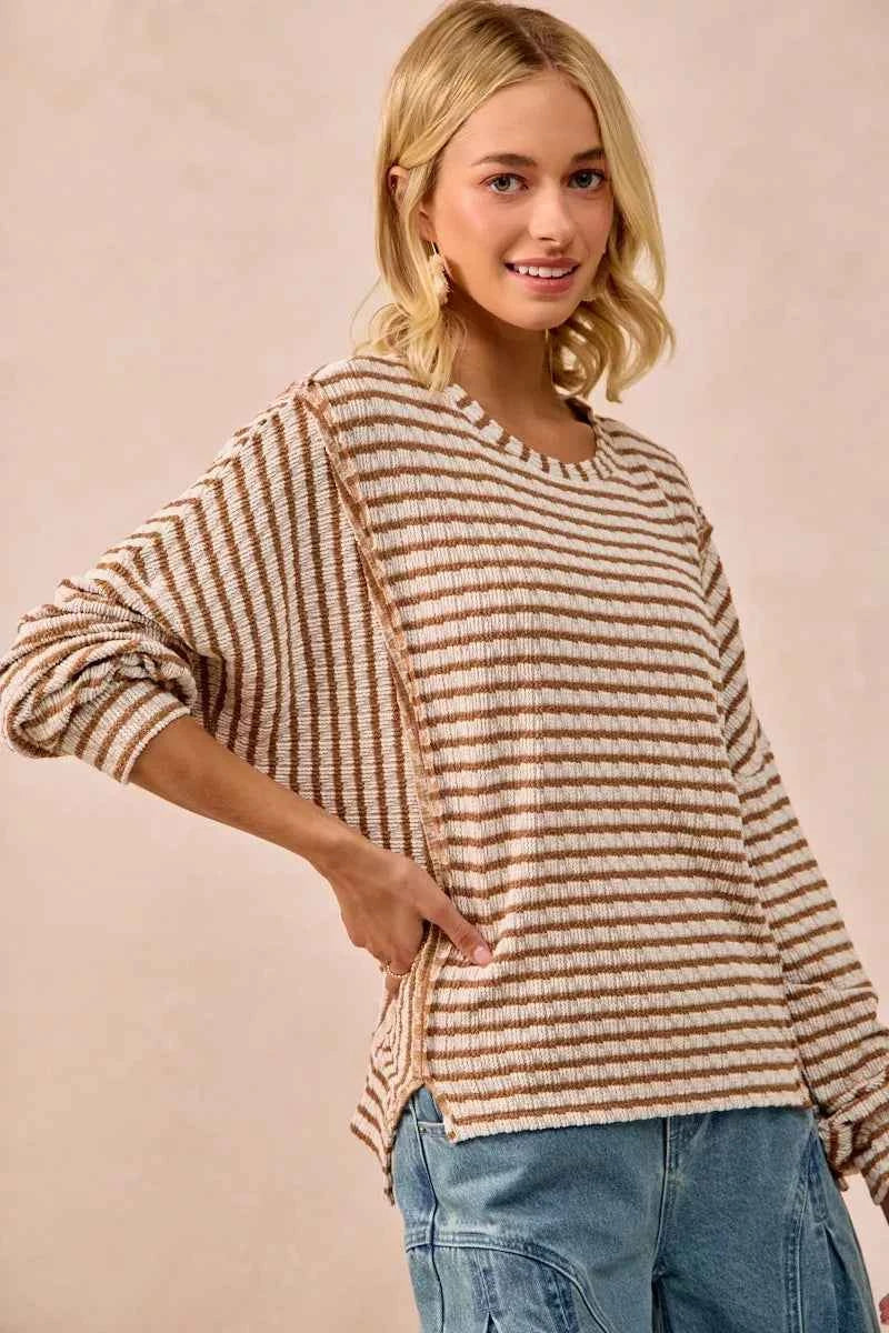 Open Seam Detail Textured Stripe Knit Top d8dfd9f87dc54bc89eb0fe6e1e7b8a2c-Max-Origin
