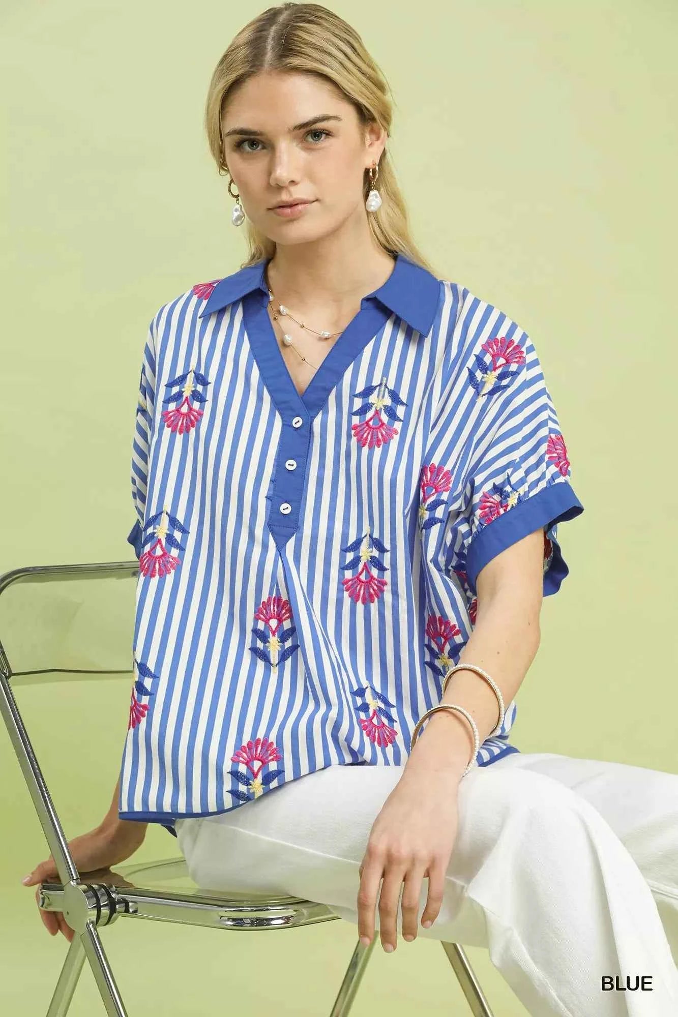Umgee Stripe Embroidered Button-Front Boho Blouse d8e65915-bc68-4c3f-b12a-be23063697a9-Max-Origin