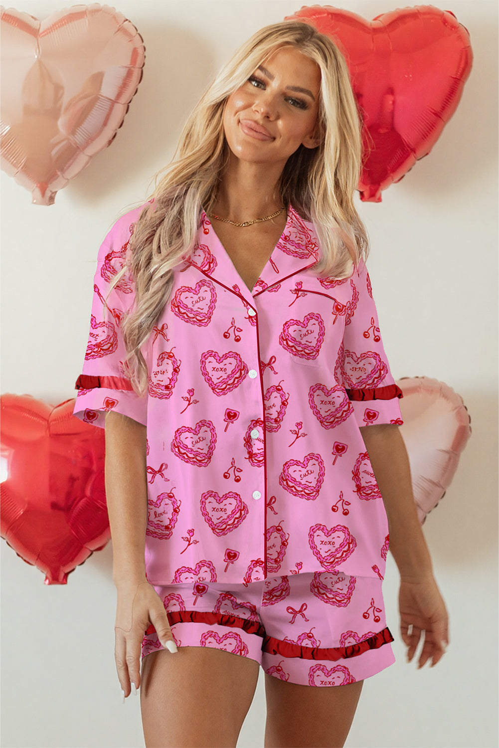 Pink Sweet Heart Cake Print Contrast Ruffle Trim Valentines 2pcs Pajama Set d8e729fbb324dd9c