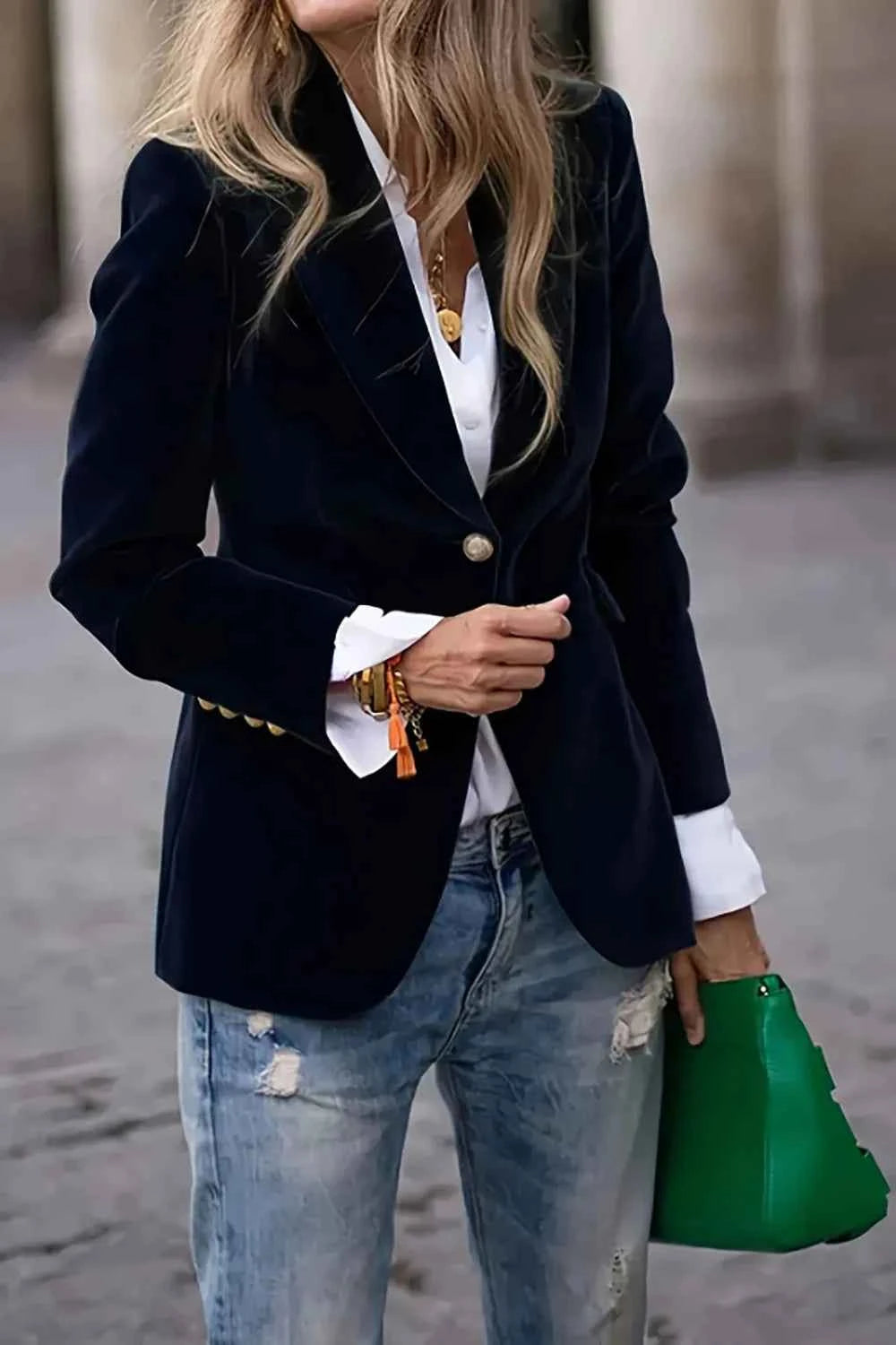 One Button Lapel Collar Long Sleeve Blazer Black d8e7728c-b978-4548-8e82-6cc51fb936b8-Max