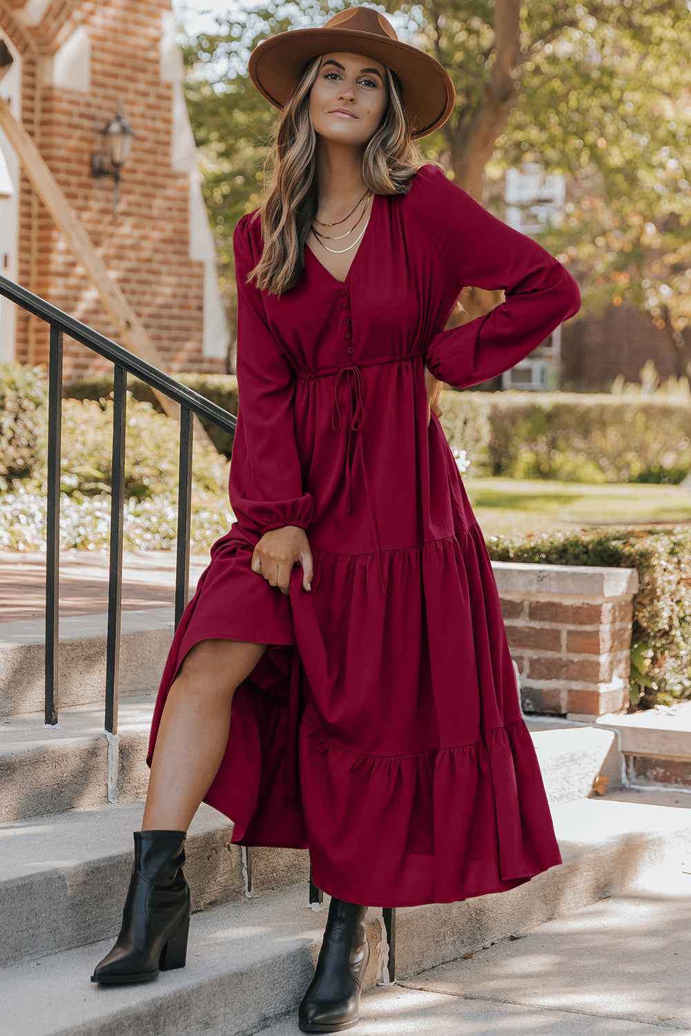 Blackish Green Solid Long Sleeve Button V Neck Tiered Maxi Dress d8ea0dc6f8dbefef
