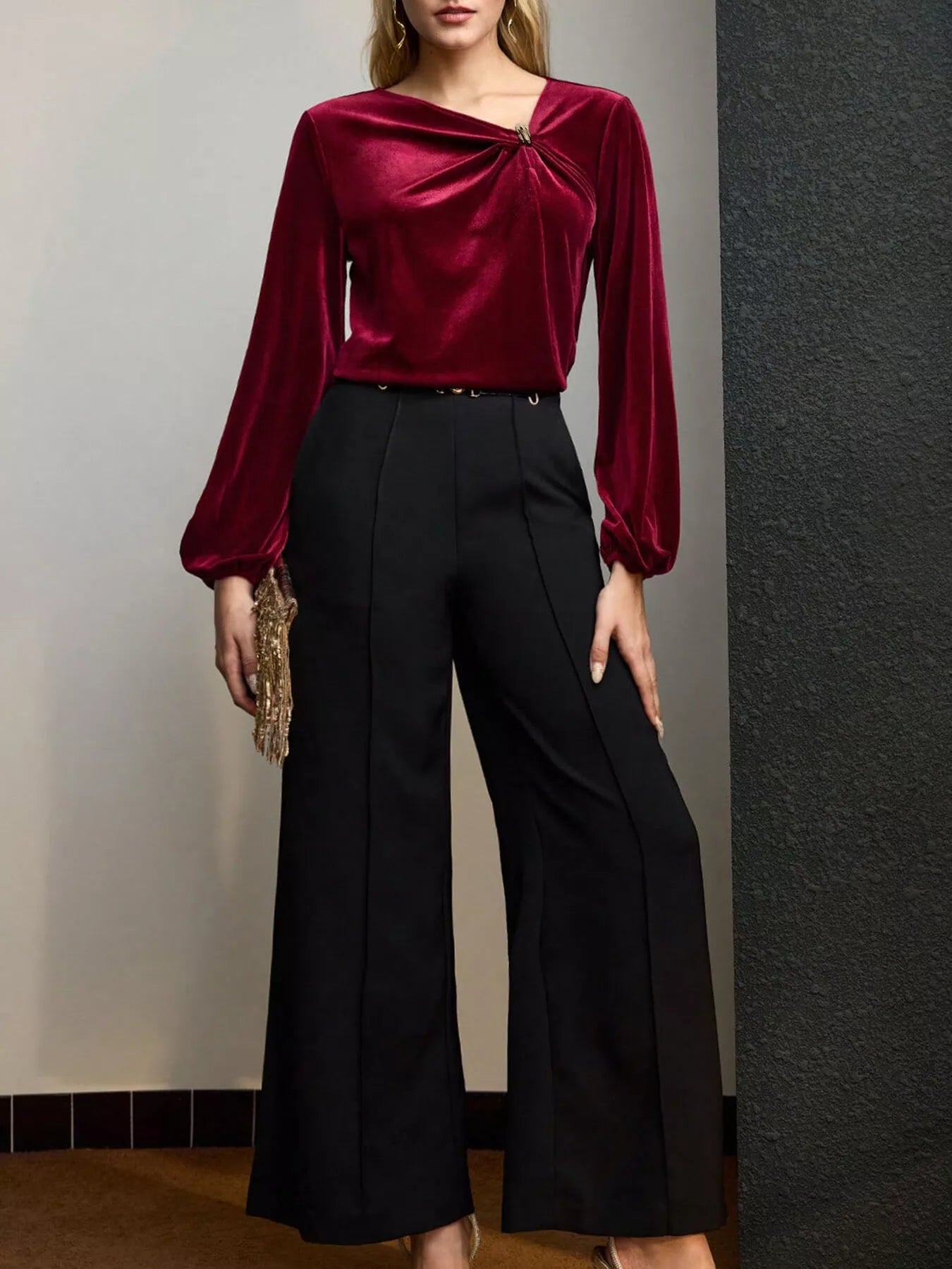 Velvet Twist-Front Long Sleeve Blouse d8f0383b6ced46f5a9f72f5501d0bb59-Max-Origin