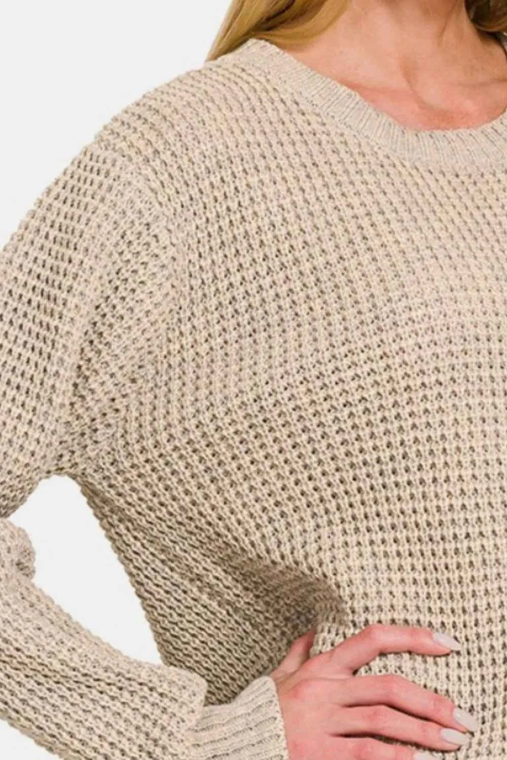 Zenana High Low Long Sleeve Waffle Sweater d8f77cdd-dc6b-45d6-b8c4-7c99f2b44dd2-Max