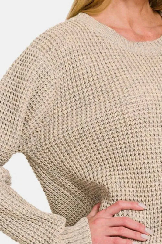 High Low Long Sleeve Waffle Sweater d8f77cdd-dc6b-45d6-b8c4-7c99f2b44dd2-Max