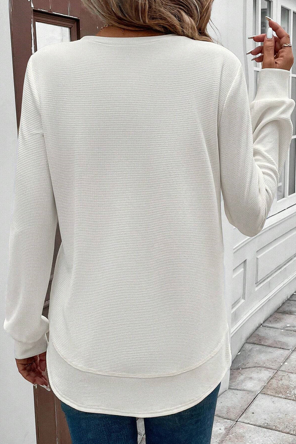White Rounded Hem Waffle Plain Long Sleeve Top d8fac0de9f2d2f6b
