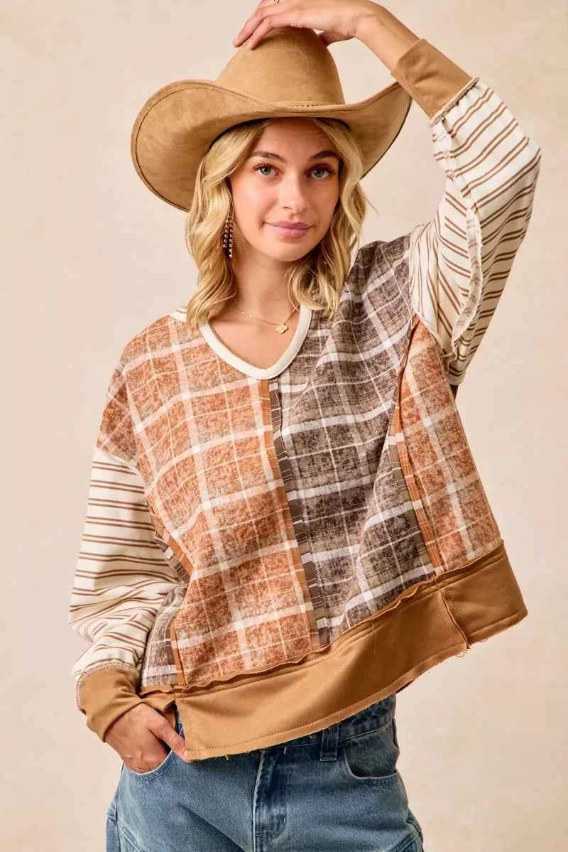 BiBi Plaid And Stripe Mix And Match Top With Open Seam d8fb9e62742242878d6c786629fb10e6-Max-Origin