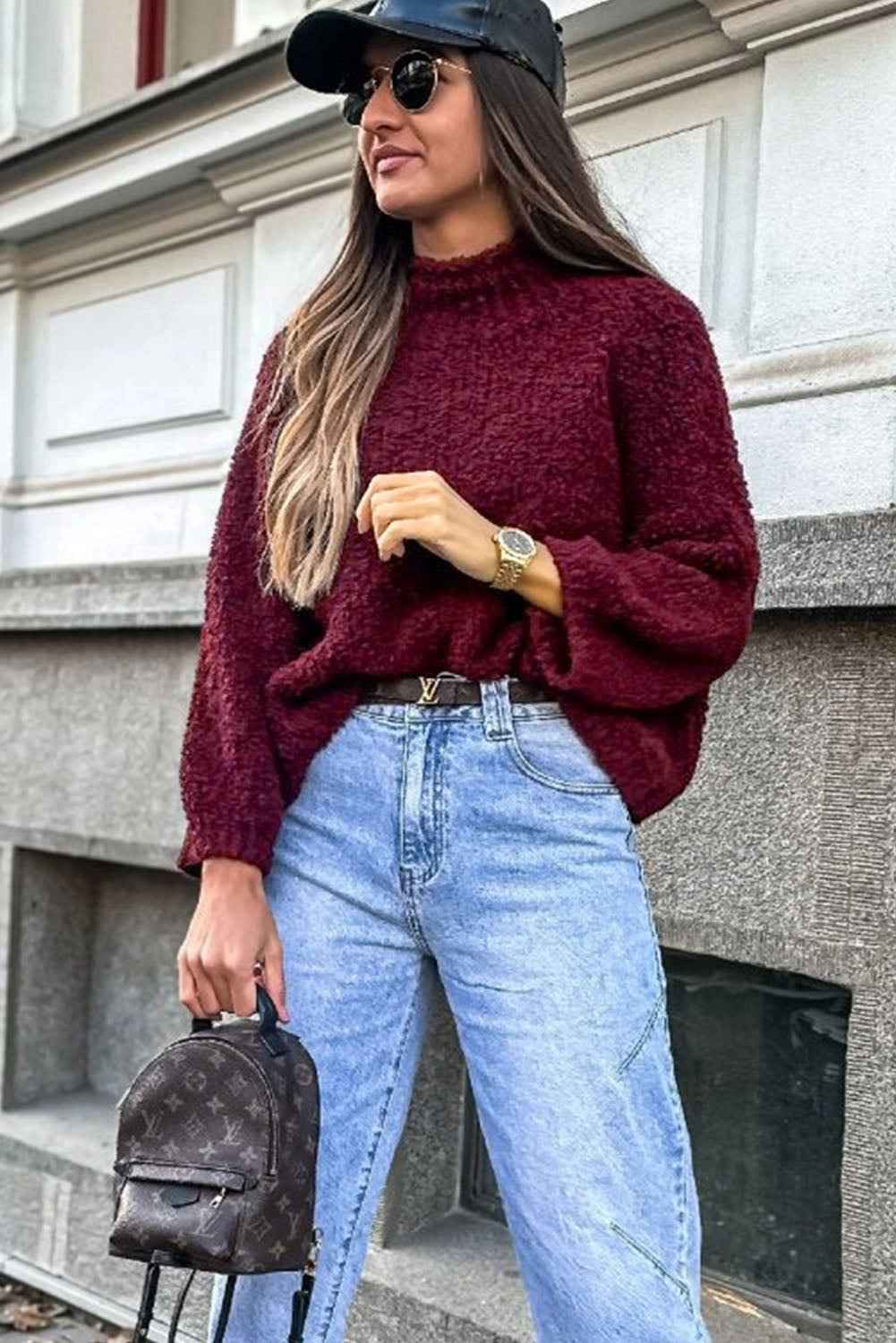 Burgundy Popcorn Mock Neck Solid Sweater d8feb5ed7e2a624e