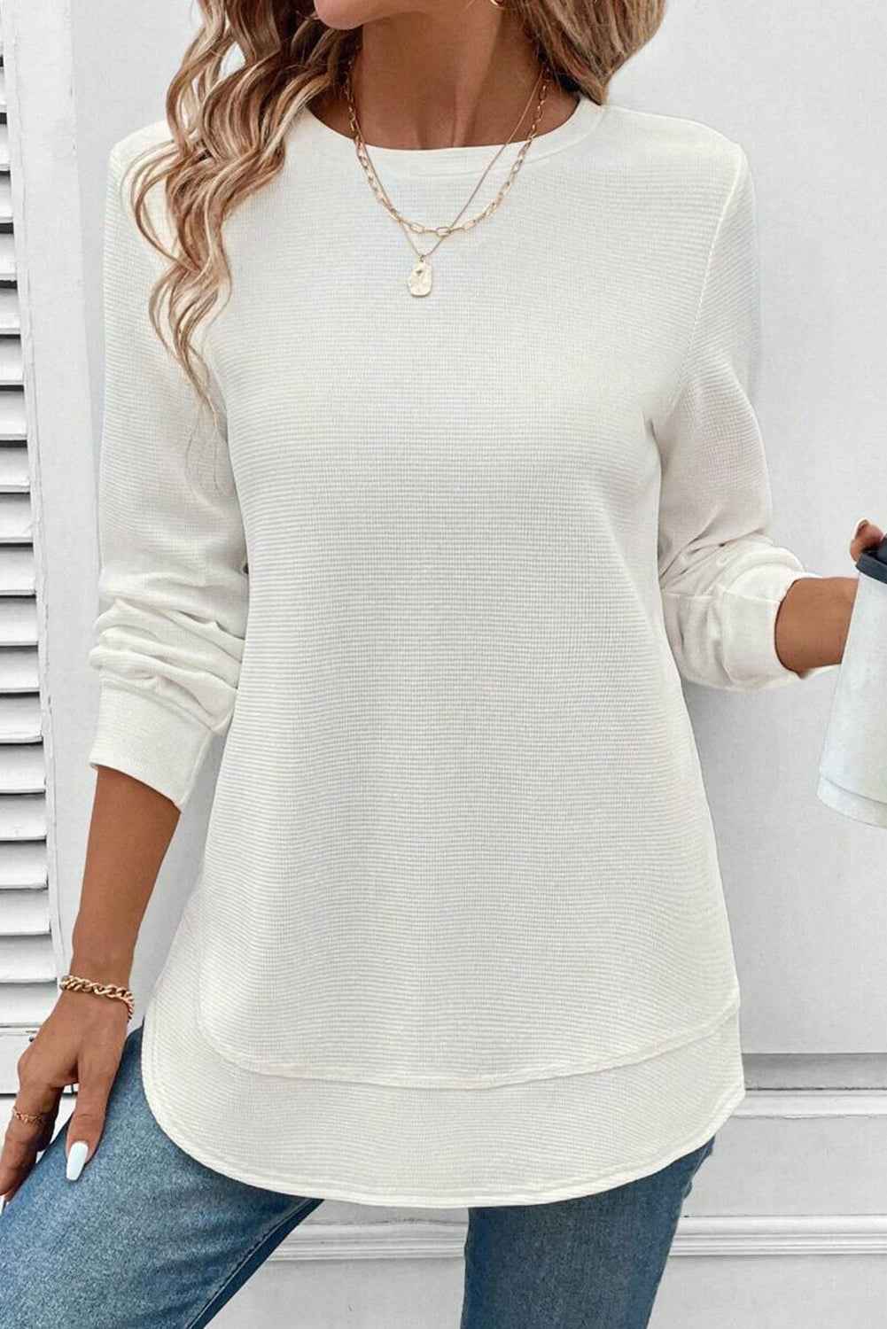 White Rounded Hem Waffle Plain Long Sleeve Top White 75%Polyester+25%Cotton d902c61b77760931
