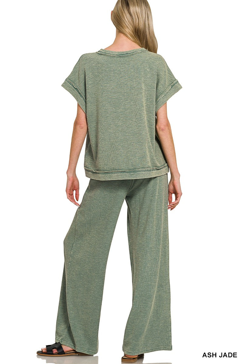 Zenana Washed Slub Short Sleeve Tee & Long Pants Set d90300fd868f4482b22c4d34e3fb757e-Max