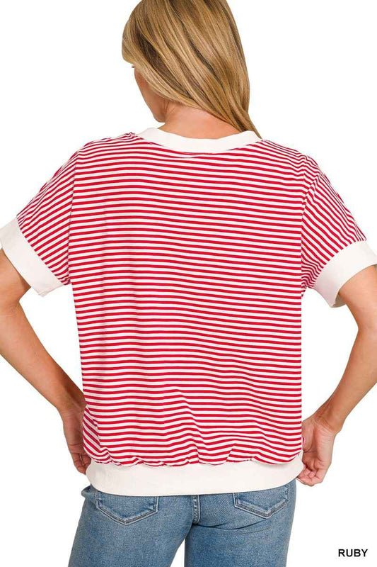 Stripe Contrast Trim Banded Bottom Top d903a88bad6347e98aa50ea3895300cd-Max