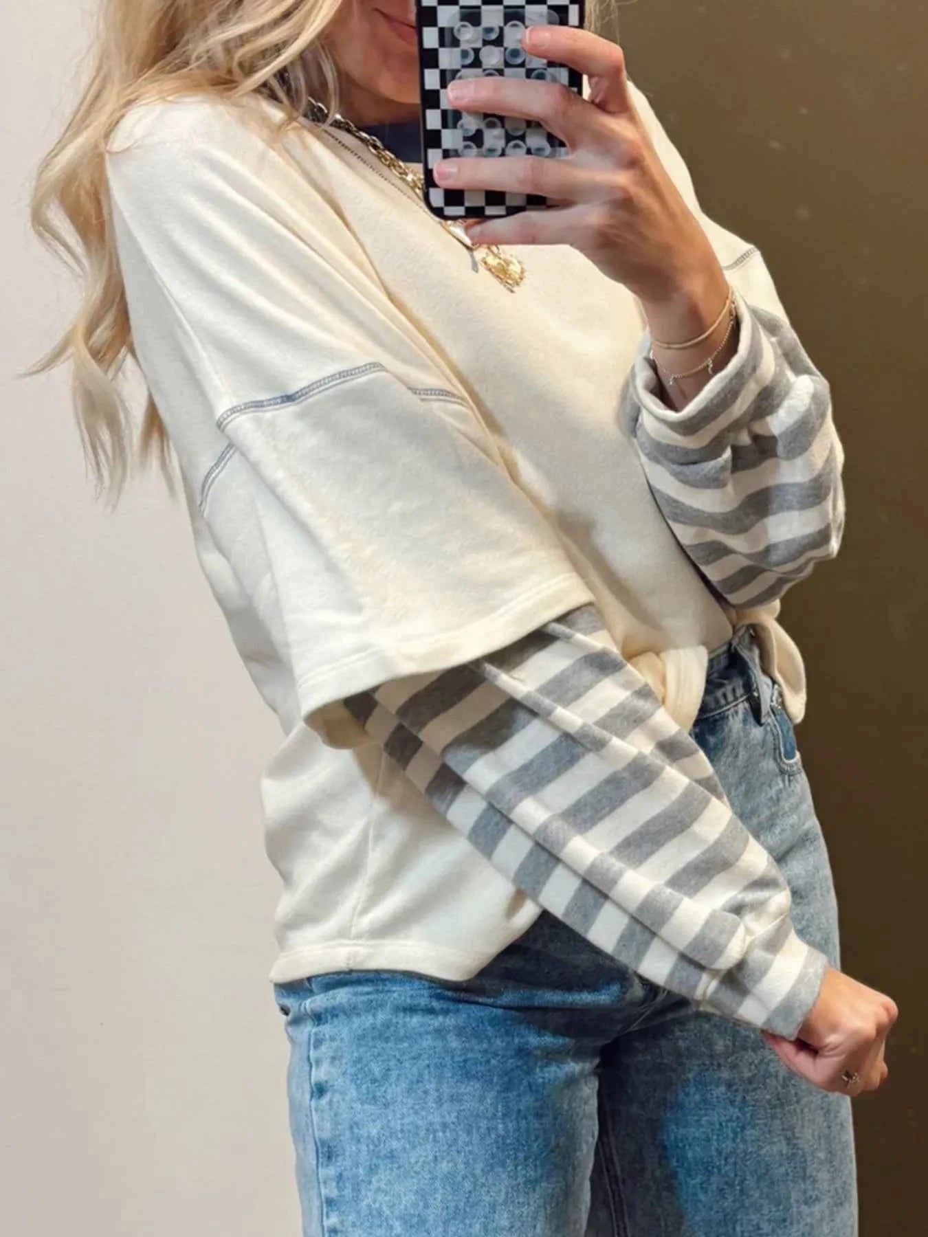 Striped Patchwork Long Sleeve Round Neck Two-in-one Top d9070bcb-2e4d-47f7-be34-4888e81ac7e6-Max-Origin
