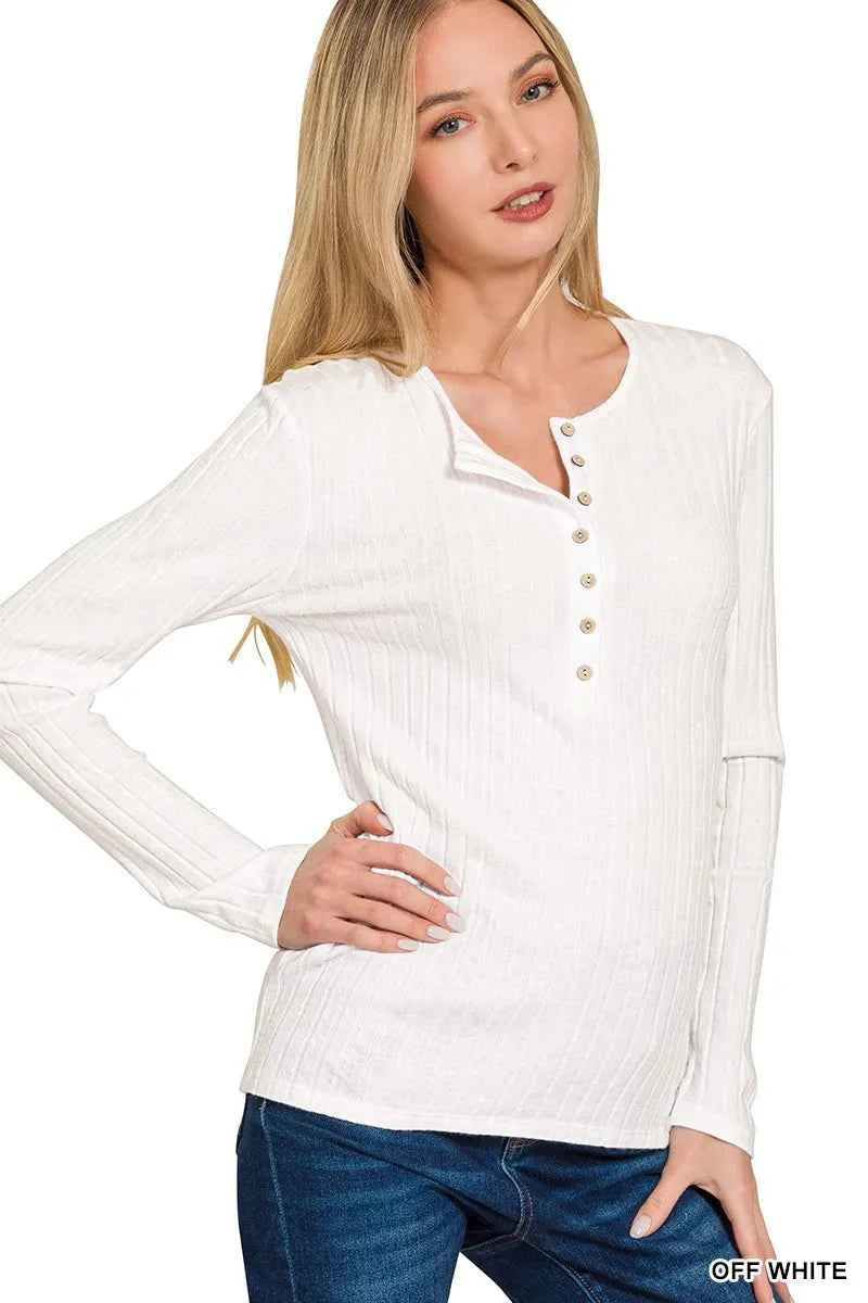 Zenana Ribbed Long Sleeve Half Button Top OFF WHITE d908c514f1224718a54df1b00a670967-Max-Origin