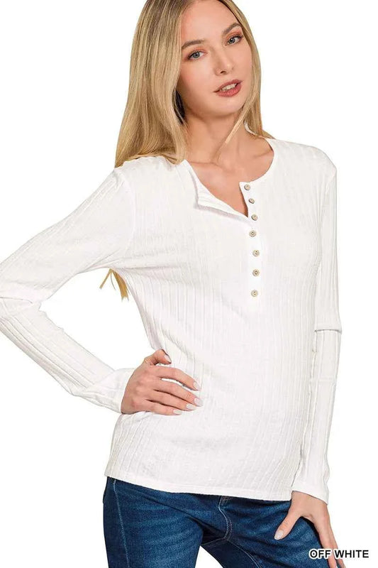 Ribbed Long Sleeve Half Button Top OFF WHITE d908c514f1224718a54df1b00a670967-Max-Origin